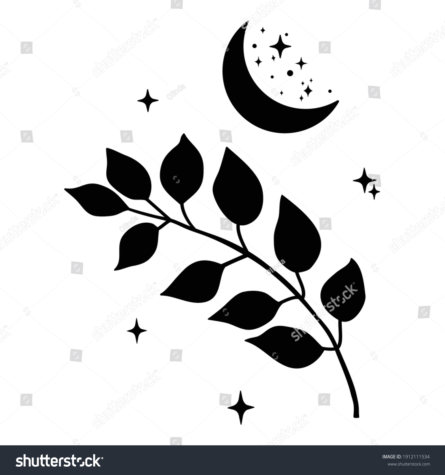 SVG of Black crescent moon with stars and branch. Design element for logos icons. Vector illustration. Modern Boho style doodle art svg