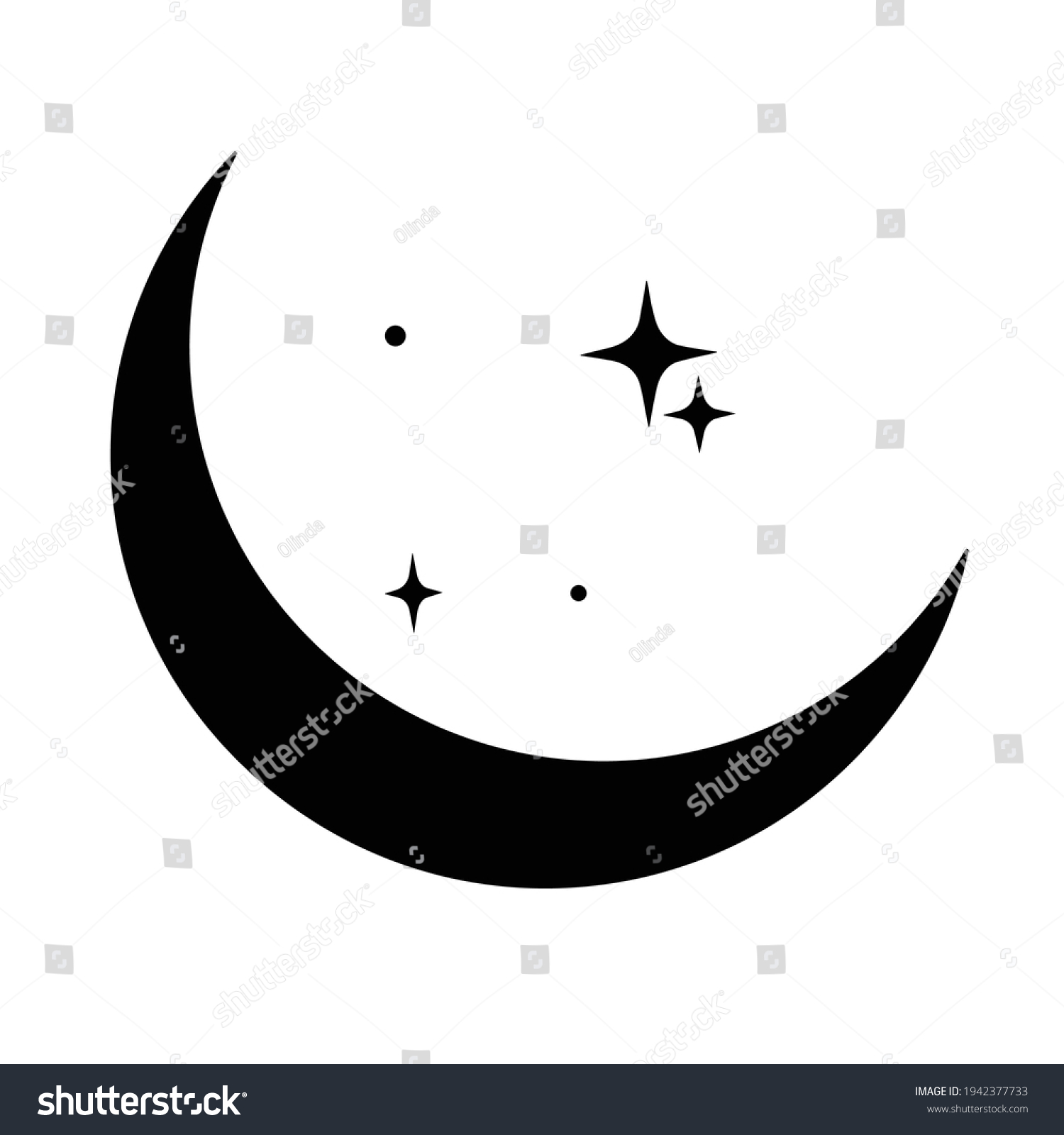 SVG of Black crescent moon with stars. islamic religious symbol. Design element for logos icons. Vector illustration. Modern Boho style art svg