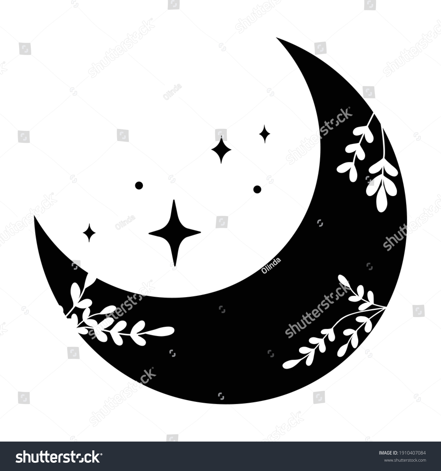 SVG of Black crescent moon with white lace floral ornament, stars. Design element for logos icons. Vector illustration. Modern Boho style doodle art svg
