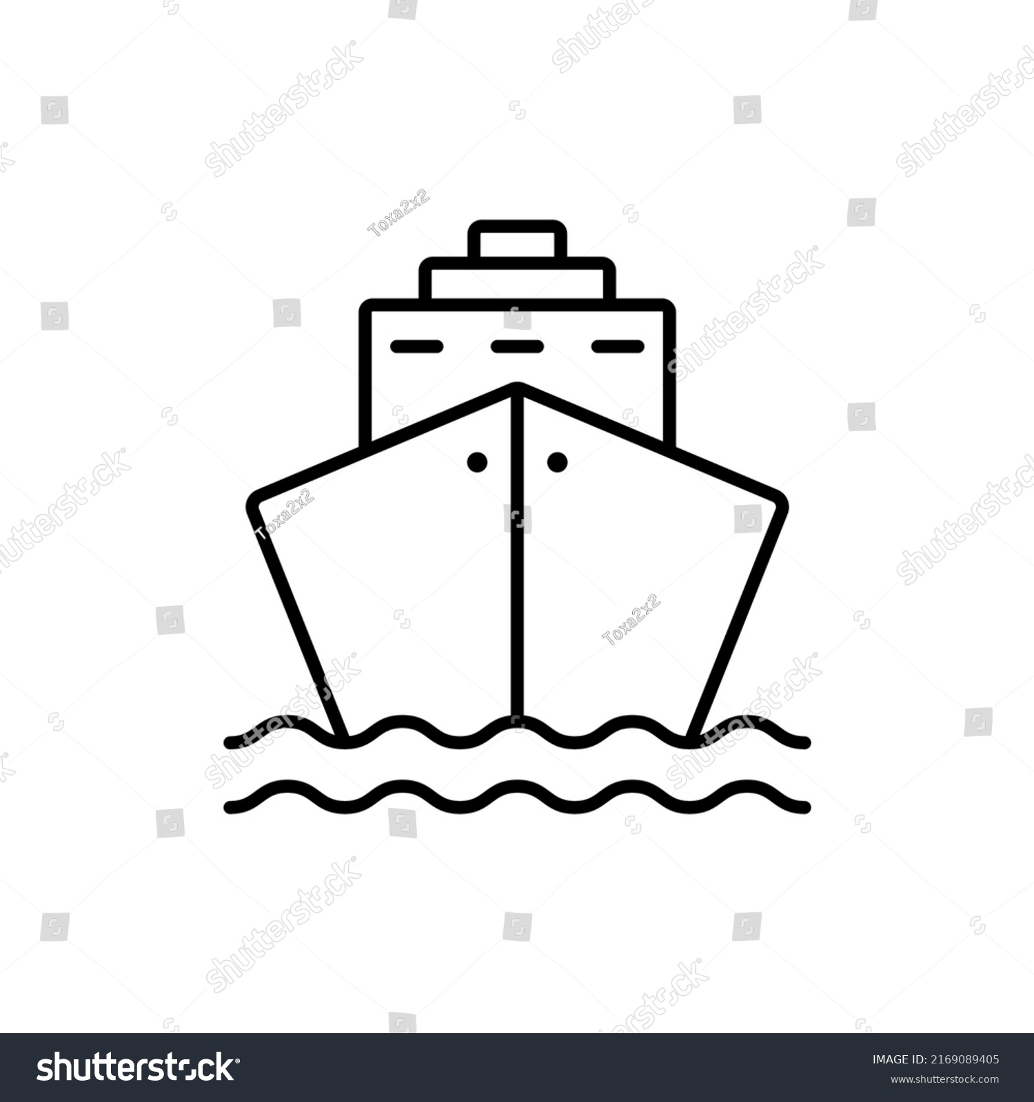 SVG of Black Cruise Ship Line Icon. Ocean Vessel Icon in Front View Linear Pictogram. Cargo Boat Outline Icon. Marine Sign for Freight, Passenger Travel. Editable Stroke. Isolated Vector Illustration. svg