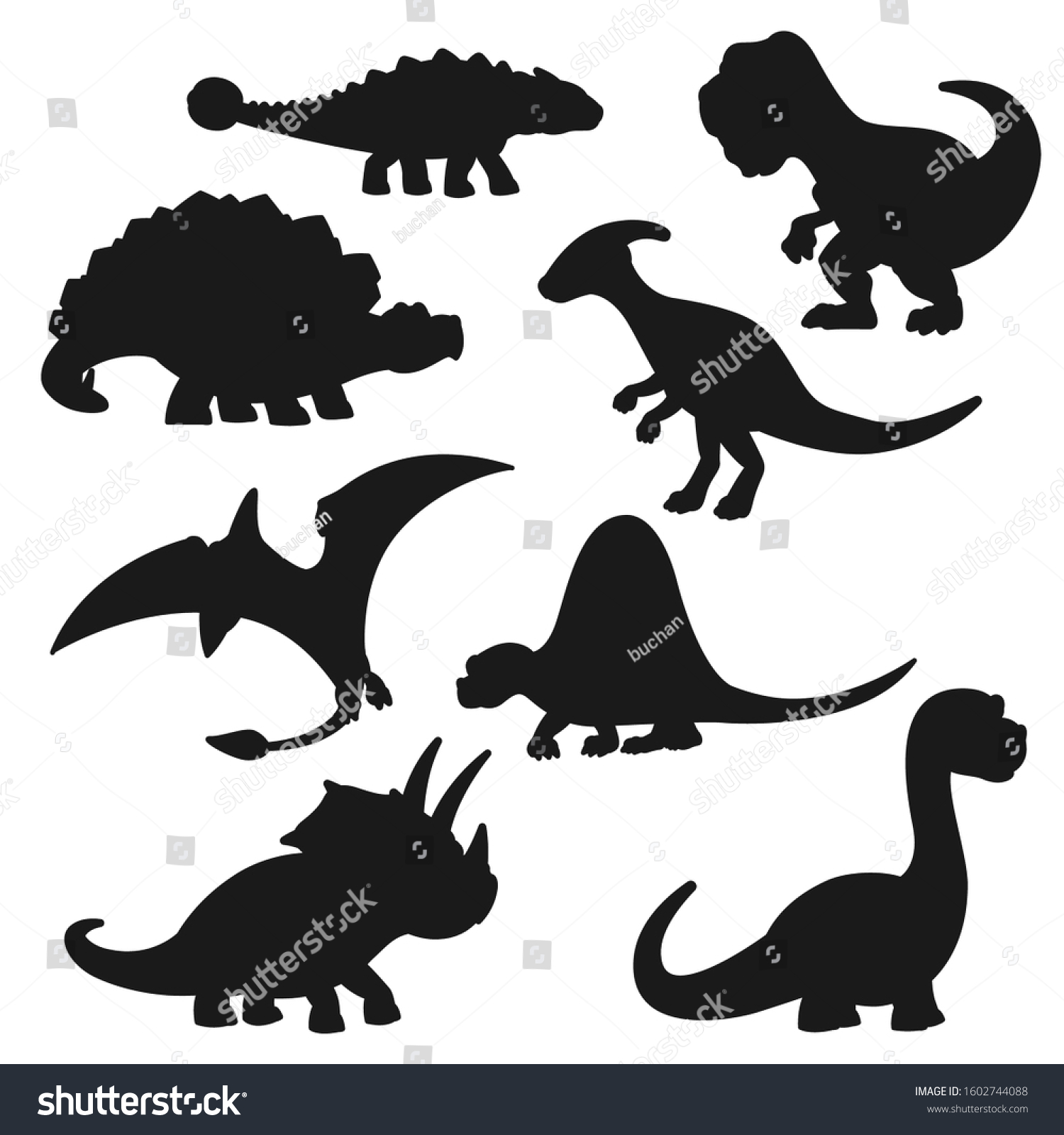 SVG of Black dinosaur silhouettes . Vector triceratops, tyrannosaurus, stegosaurus and brontosaurus, pterodactyl, parasaurolophus and spinosaurus, diplodocus and ankylosaurus shapes svg