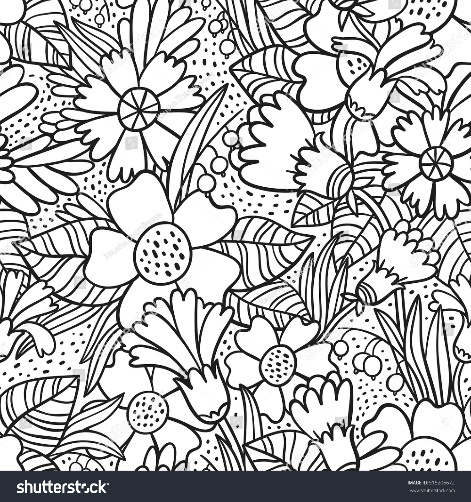 Black Doodle Flowers Seamless Pattern Stock Vector (Royalty Free ...