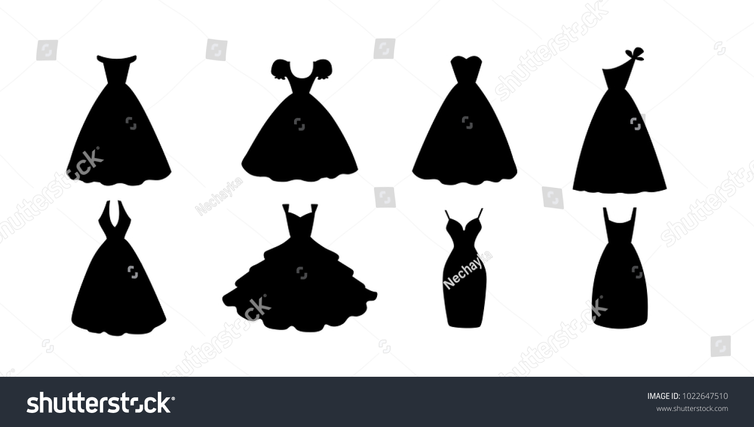 SVG of Black dresses collection. Fashion apparel set. Evening or cocktail short and long clothing silhouette icons. Vector illustration isolated on white background. svg