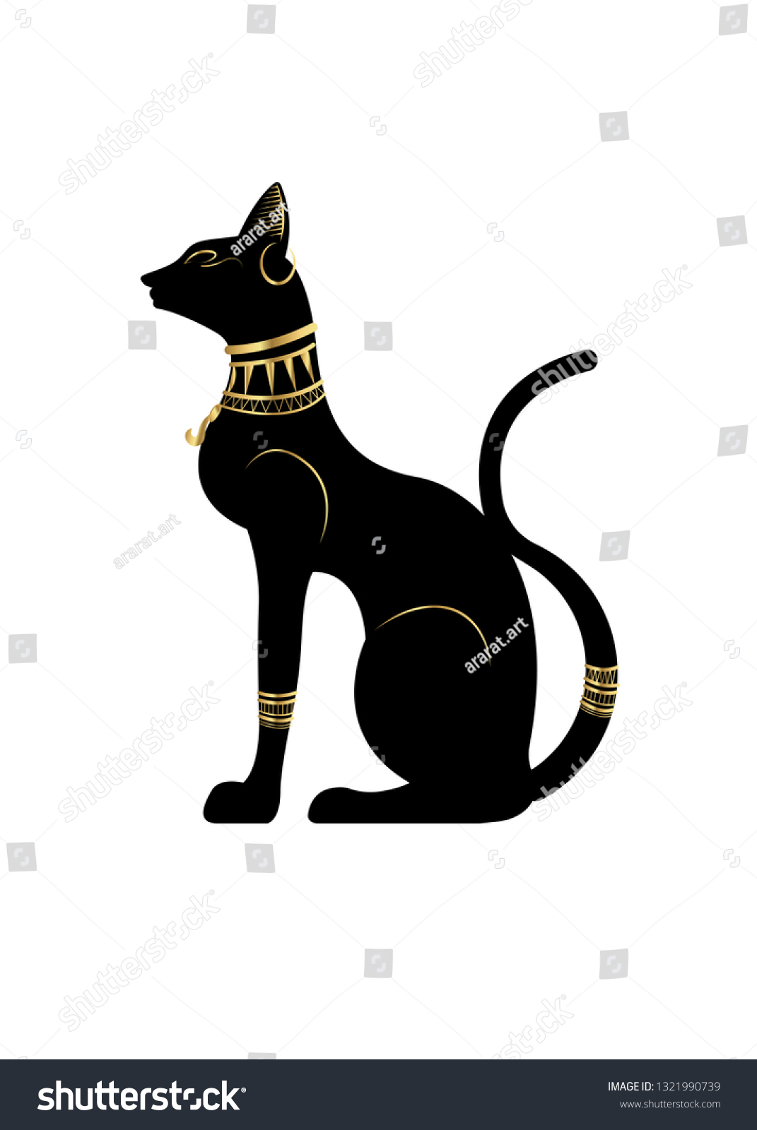 黒いエジプトの猫像 古代エジプトの女神バステット ファラオニックな金の宝飾品と貴石を持つ彫刻のプロフィール ベクターイラスト 分離型または白い背景 のベクター画像素材 ロイヤリティフリー