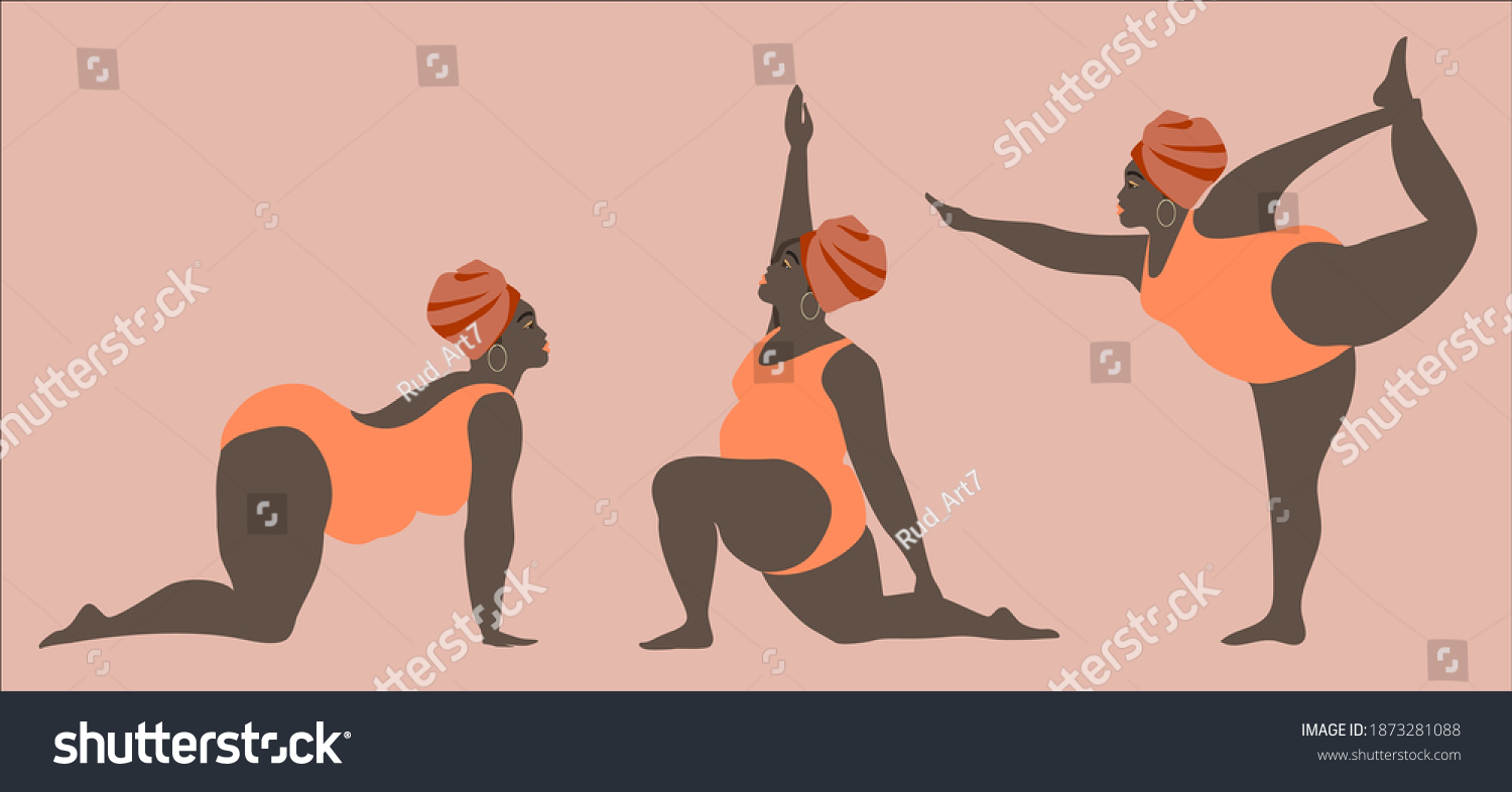 SVG of Black fat women in peach swimwear doing yoga. The set of athletic thick girls show postures. Collection of vector cartoon African women involved in sports isolated on pink background. svg