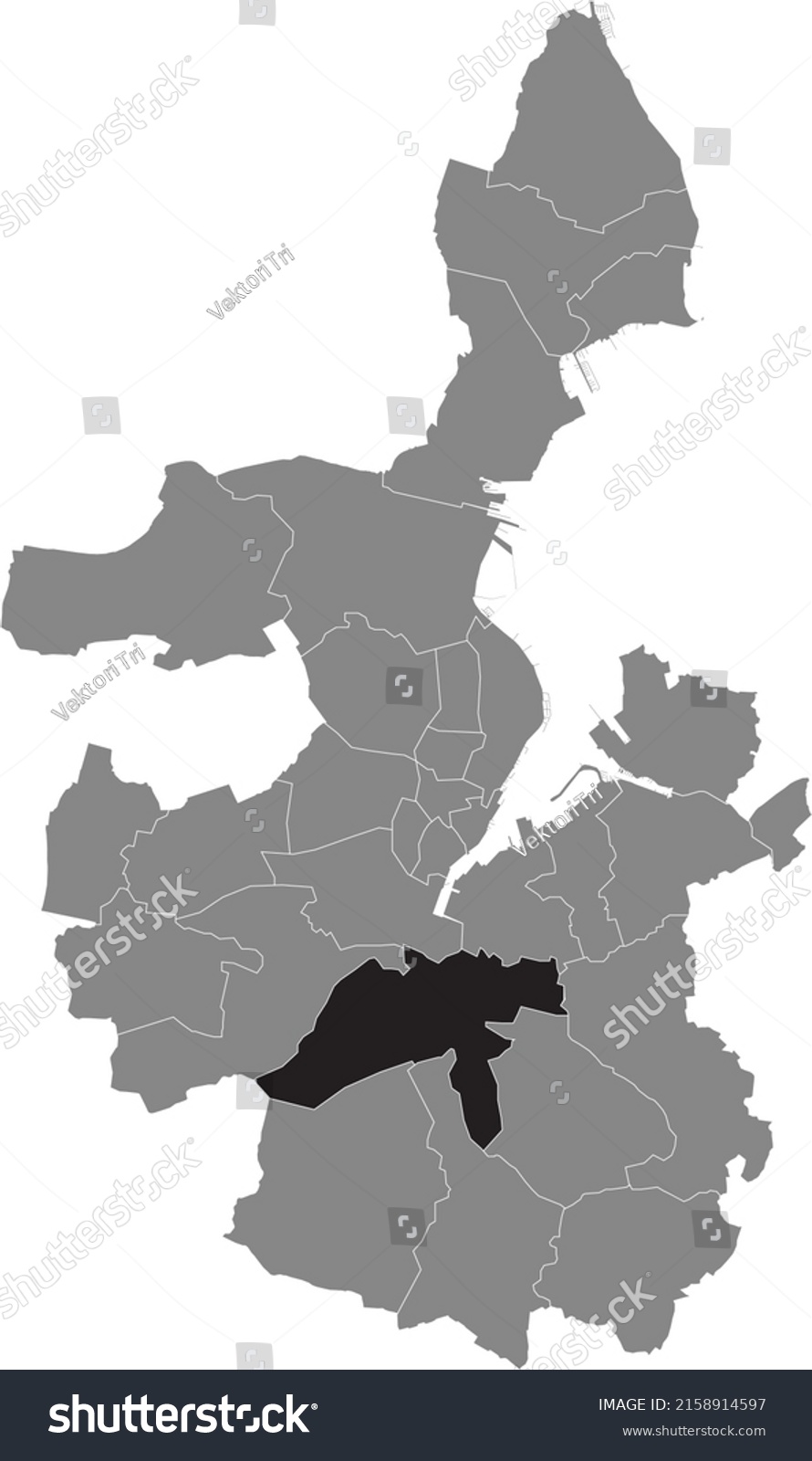 SVG of Black flat blank highlighted location map of the GAARDEN-SÜD UND KRONSBURG DISTRICT inside gray administrative map of Kiel, Germany svg