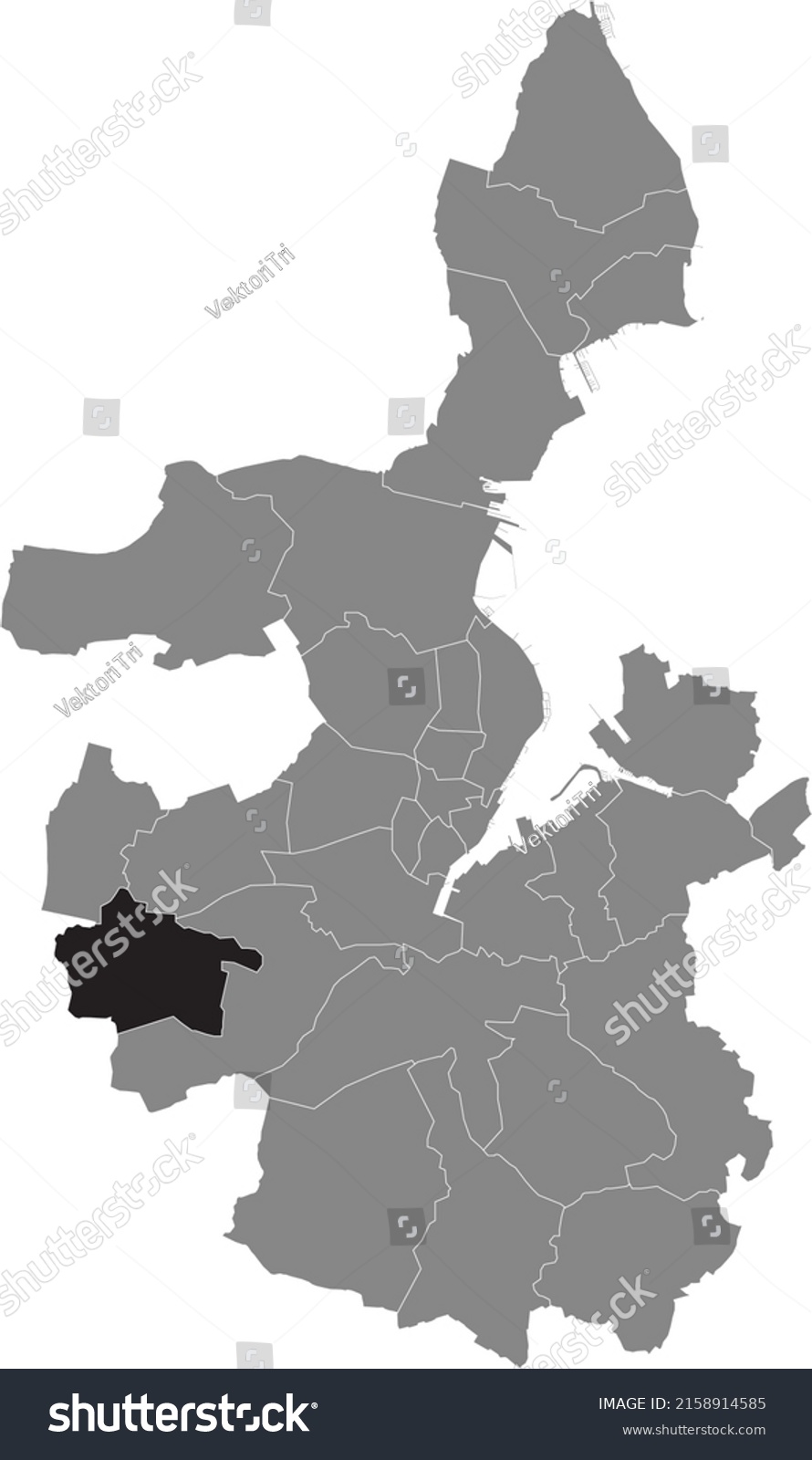 SVG of Black flat blank highlighted location map of the RUSSEE DISTRICT inside gray administrative map of Kiel, Germany svg