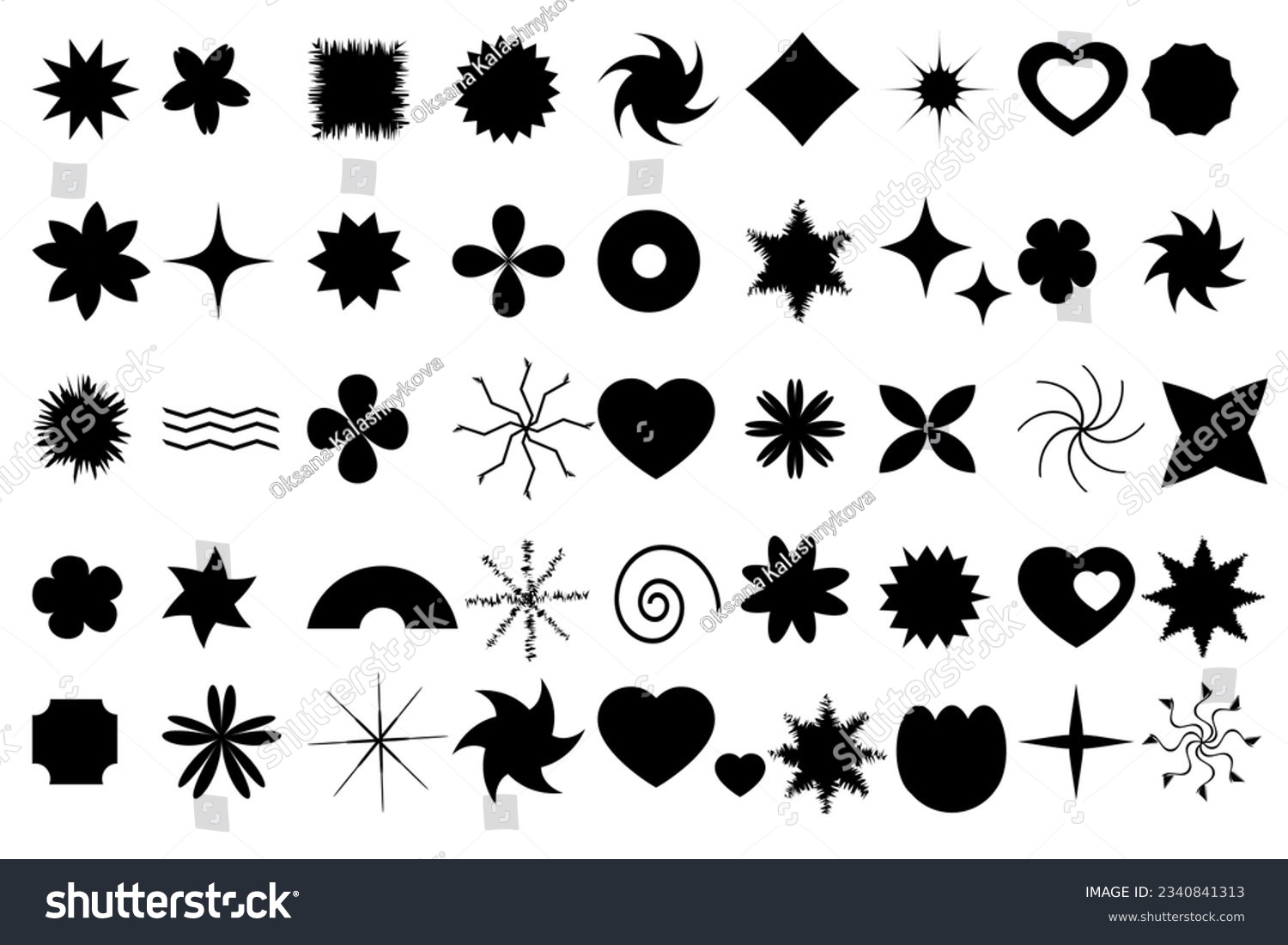 SVG of Black flowers and shapes icons. Daisy floral organic form cloud star and other elements in trendy playful brutal style. Vector illustrations svg