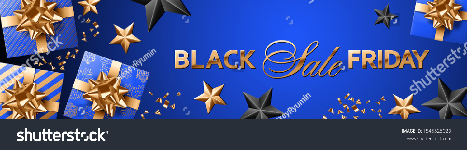 Black Friday Sale banner or website header vector layout in gold and royal blue colors with gifts, bows and ribbons, confetti, black and gold stars.
