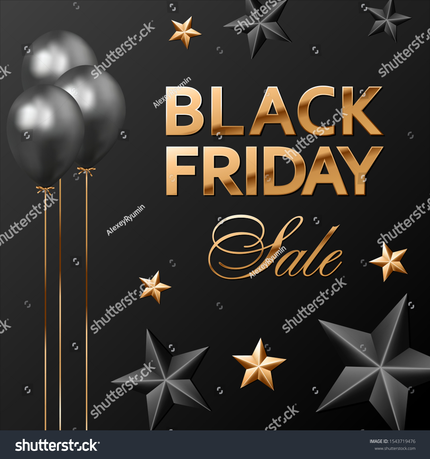 Black Friday Sale golden lettering on black background with black baloons and gold and black stars. Square vector template for banner or social network post.

