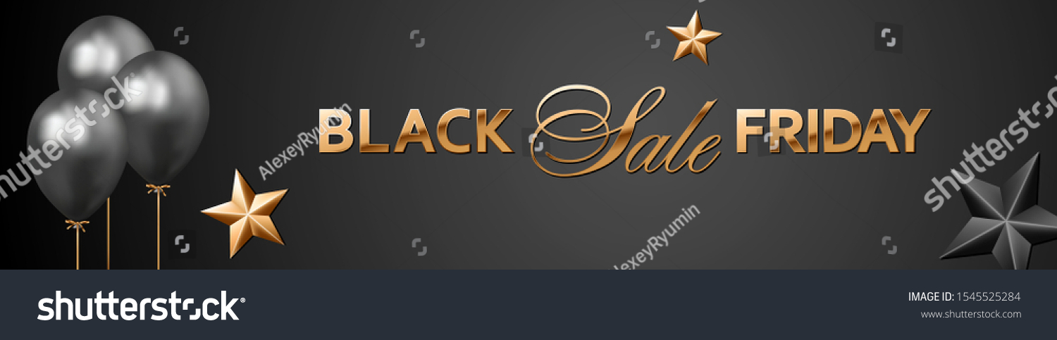 Black Friday Sale golden lettering on dark background with black balloons and gold and black stars. Banner or website header vector template.
