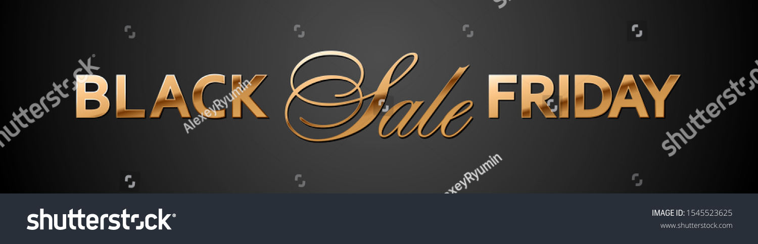 Black Friday Sale golden text on black gradient background. Banner or website header vector template.
