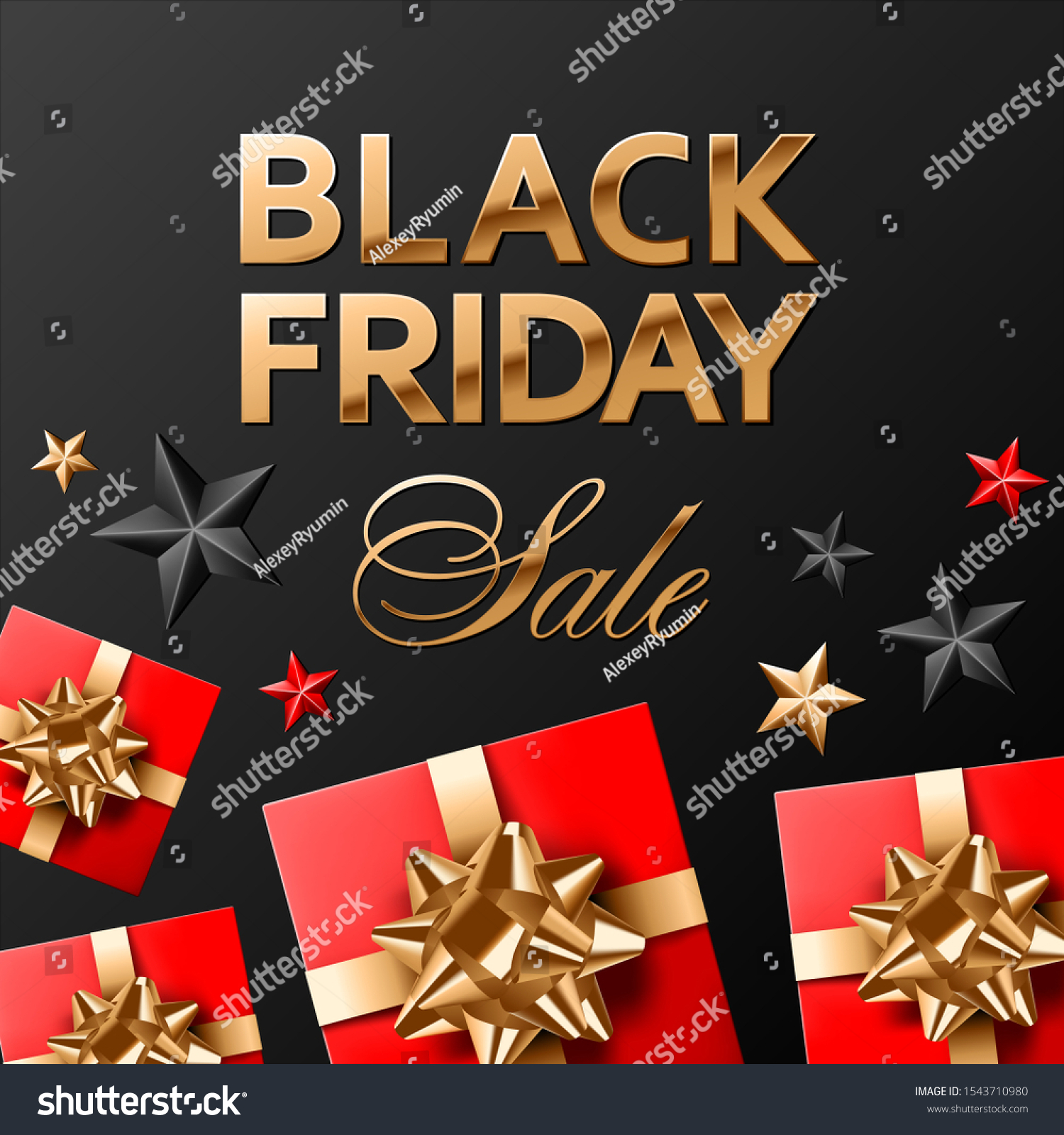 Black friday sale vector golden lettering on black background with red, gold and black stars and red covered gifts with golden bows. Square social media post or banner template.
