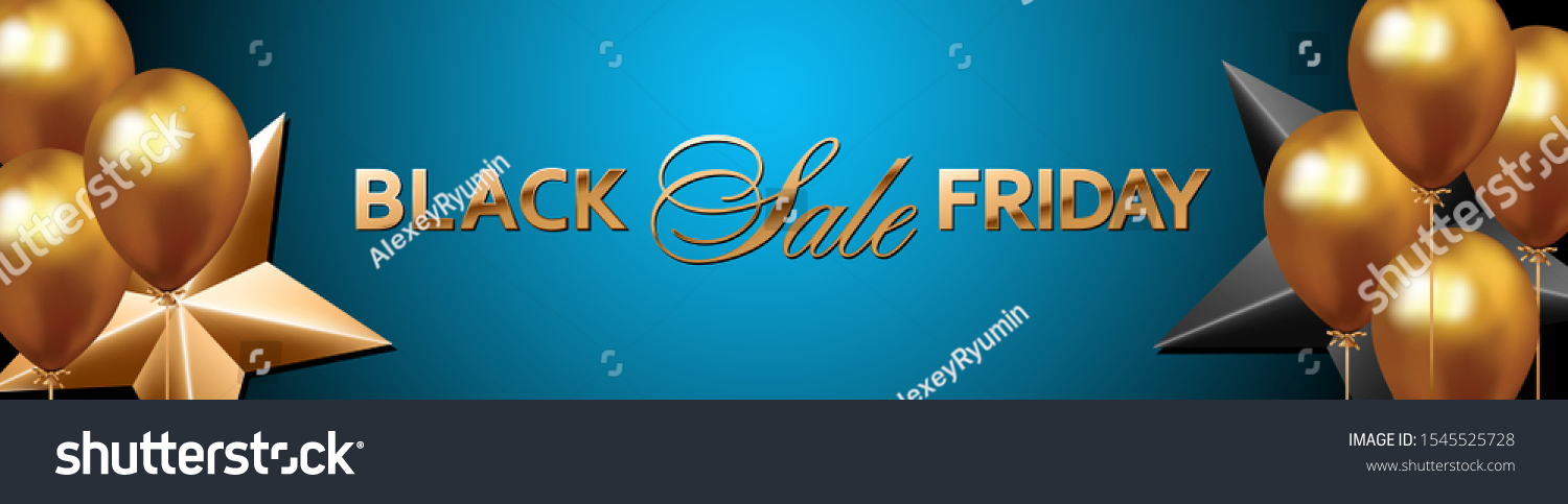 Black Friday Sale website header or banner vector template. Golden lettering on sky blue gradient background with gold and black stars and golden balloons.
