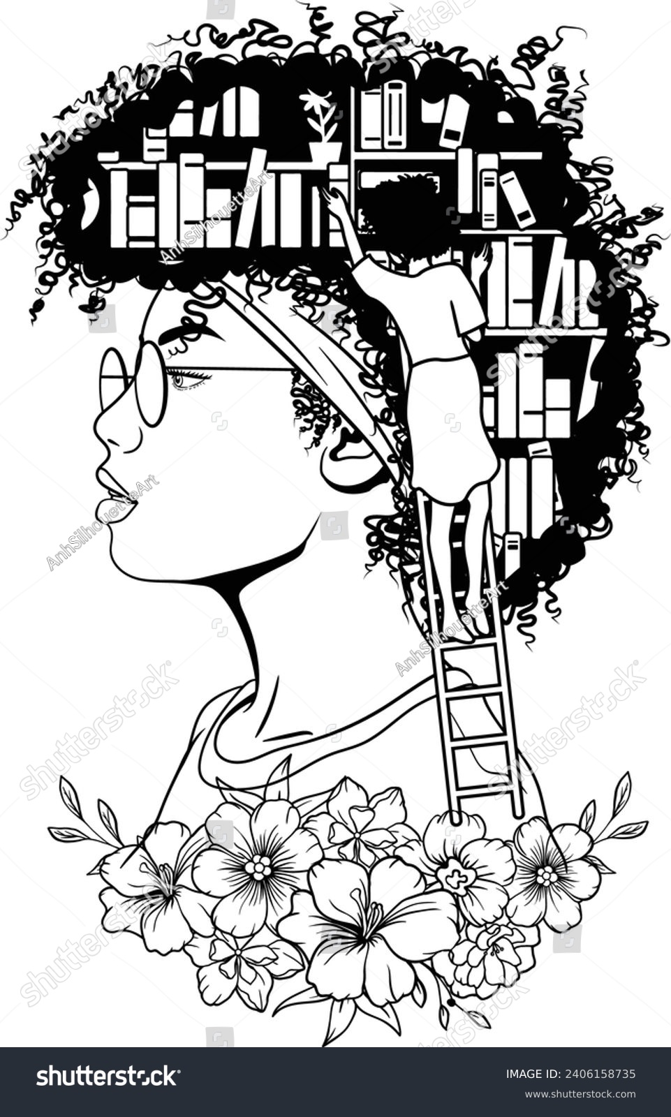 SVG of Black girl with books, Girl who love books, African woman flowers svg