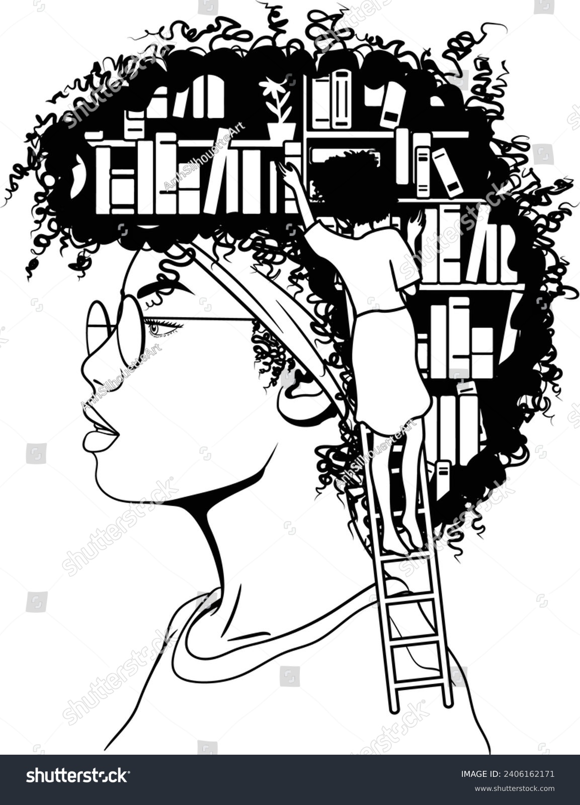 SVG of Black girl with books, Girl who love books, African woman, Library laser cut files. svg