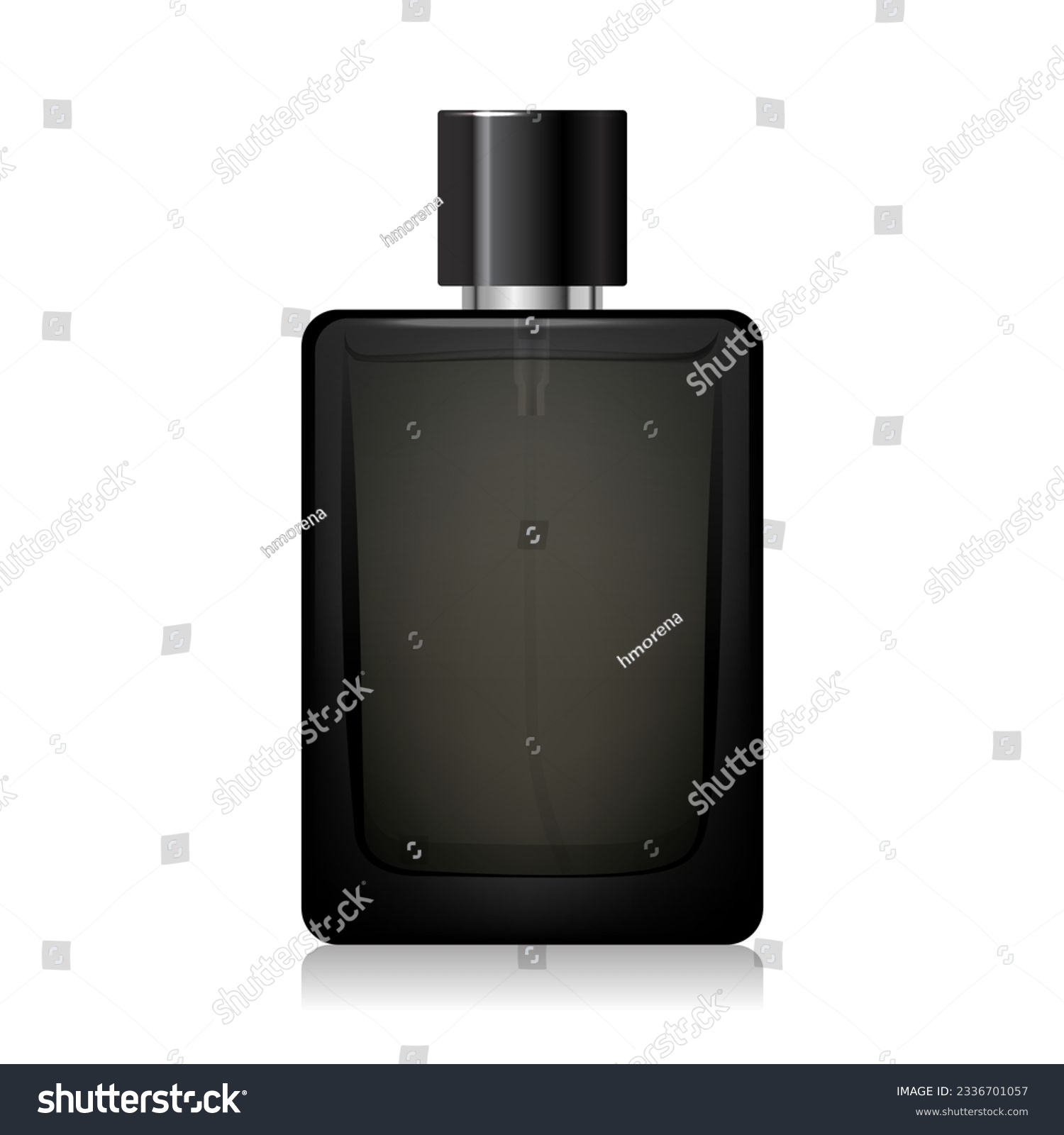 SVG of Black glass perfume bottle mockup with black silver spray and cap. 3d vector square shape bottle for fragrance. Packaging for beauty product. Elegant cosmetic bottle. Realistic bottle mockup template svg