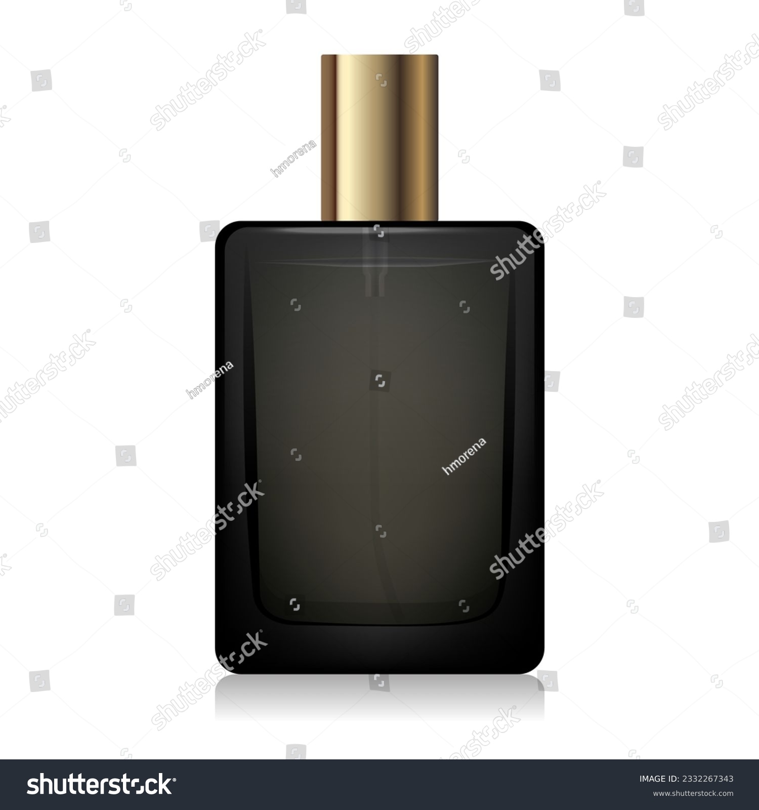 SVG of Black glass perfume bottle mockup with golden spray and cap. 3d vector square shape bottle for fragrance. Packaging for beauty product. Elegant cosmetic bottle. Realistic bottle mockup template svg