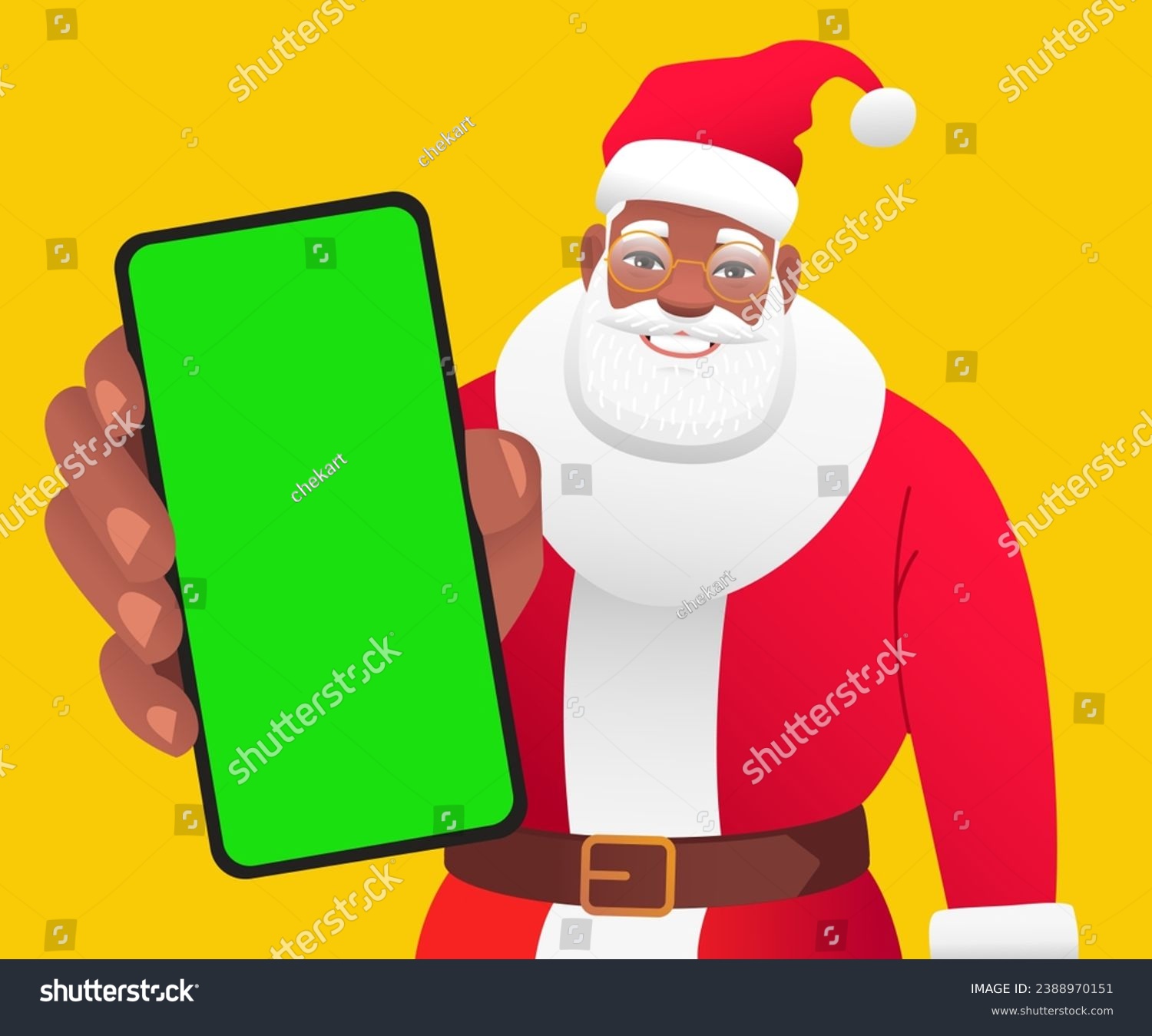 SVG of Black gray-haired Santa is holding a phone in his hand. African Santa Claus shows a close-up of a green phone screen to the camera. Place to advertise a mobile app. Vector illustration. svg