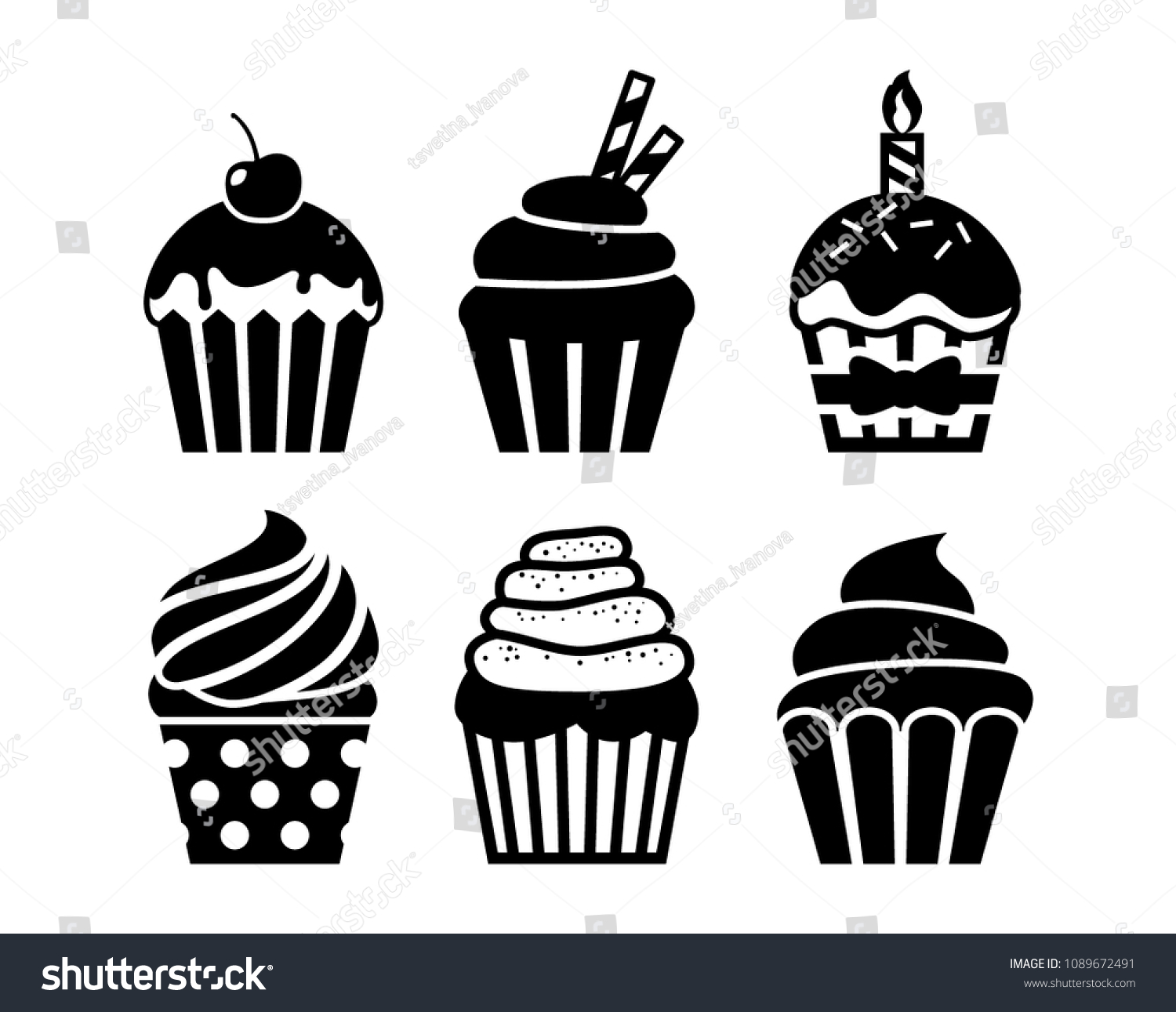 Image Vectorielle De Stock De Icones De Cupcakes Noirs Isoles Cupcakes