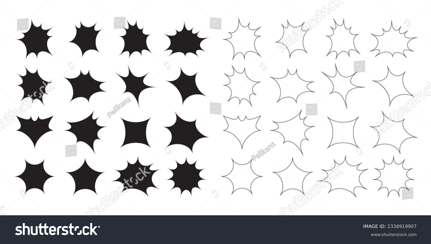 SVG of Black isolated silhouette and out line pointy distorted random shapes design elements template set on white background svg