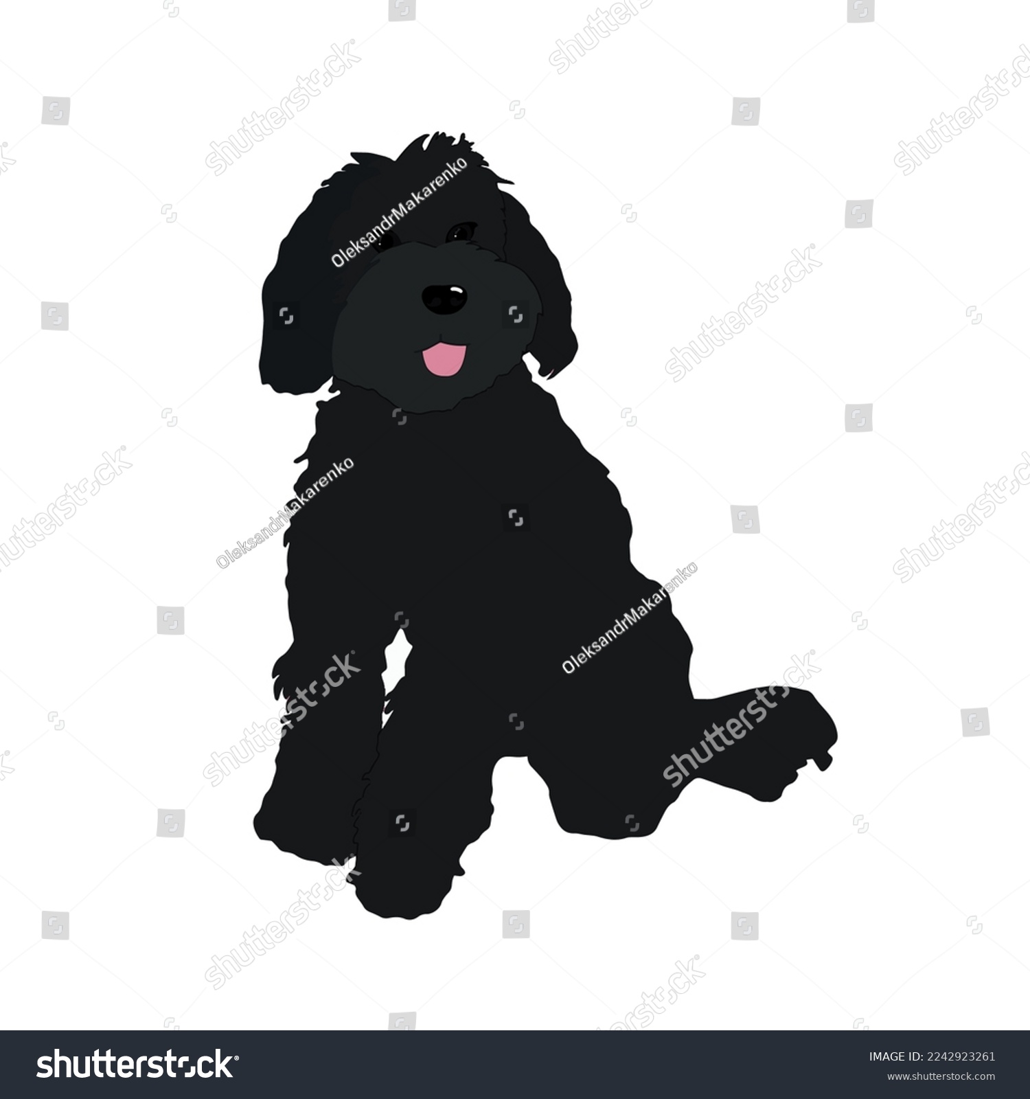 SVG of Black labradoodle isolated on white background. Dark poodle vector illustration. Cute big fluffy dog sitting icon svg
