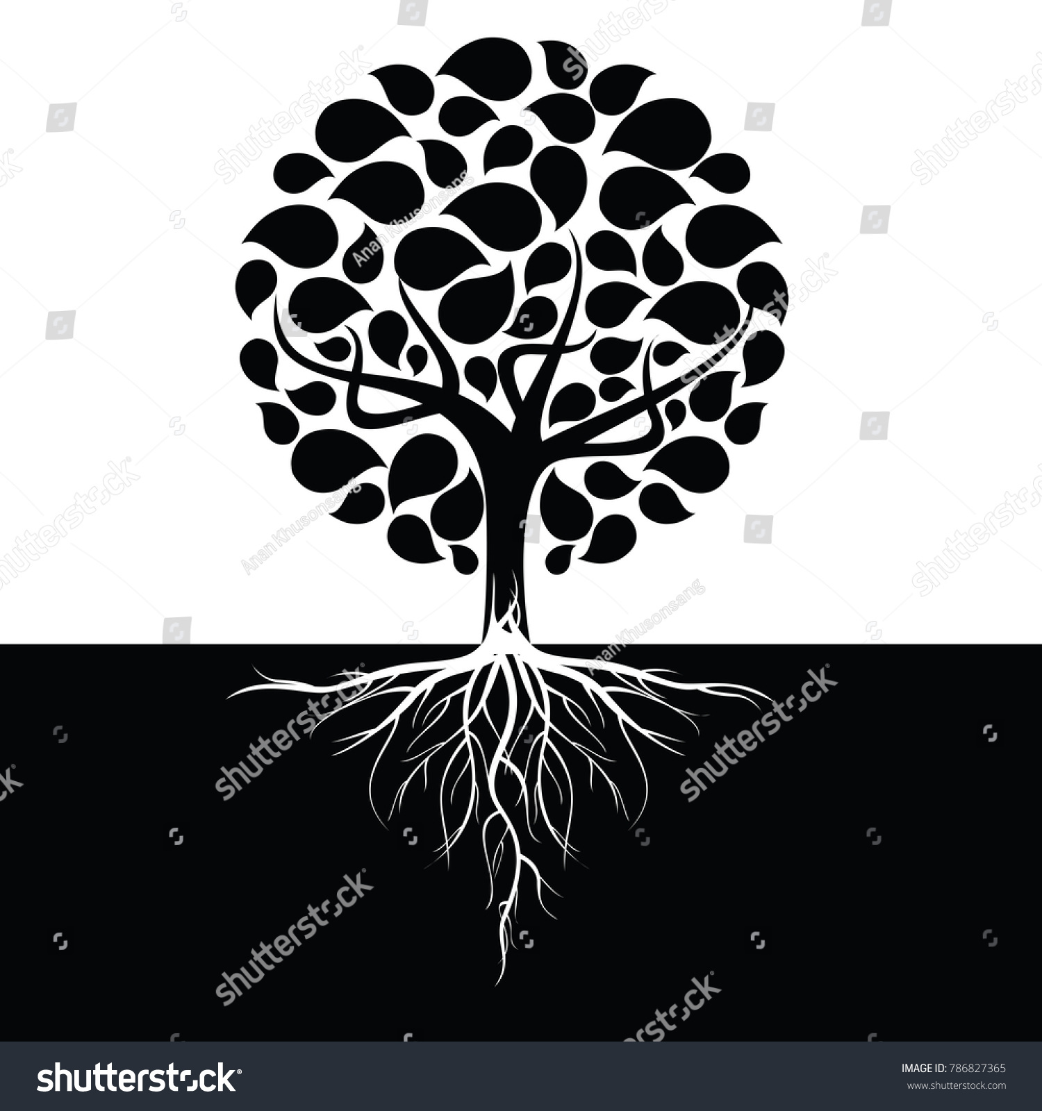 SVG of Black leafy tree with roots With trees isolated from white background. svg