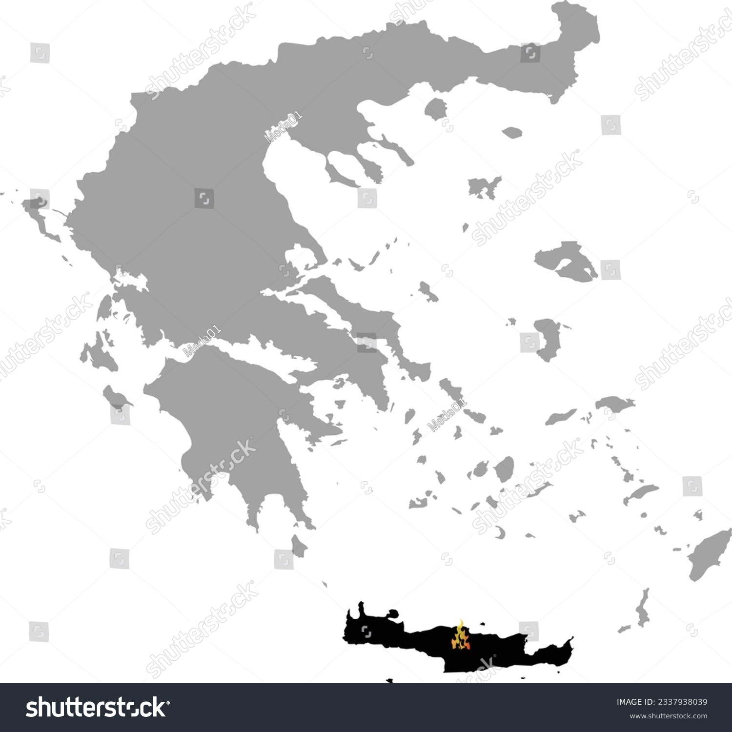 SVG of Black map of Crete Island with burning flame within the gray map of Greece svg