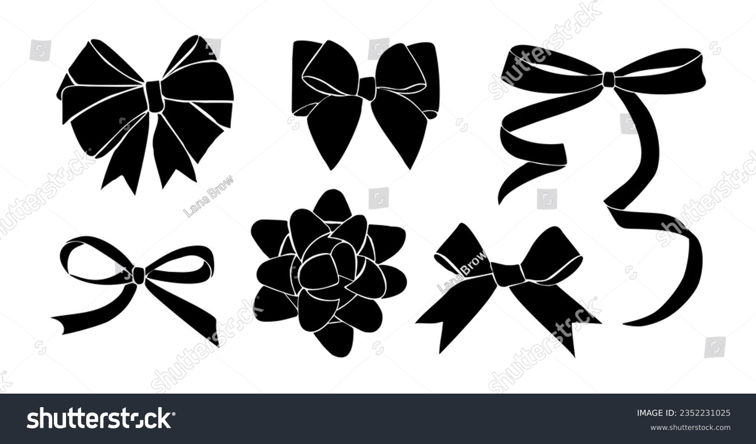 SVG of Black Monochrome decorative ribbon bows set. Holiday sign collection. Ribbon symbol, accessory logo, svg, cut files. Vector outline illustrations isolated on white background svg
