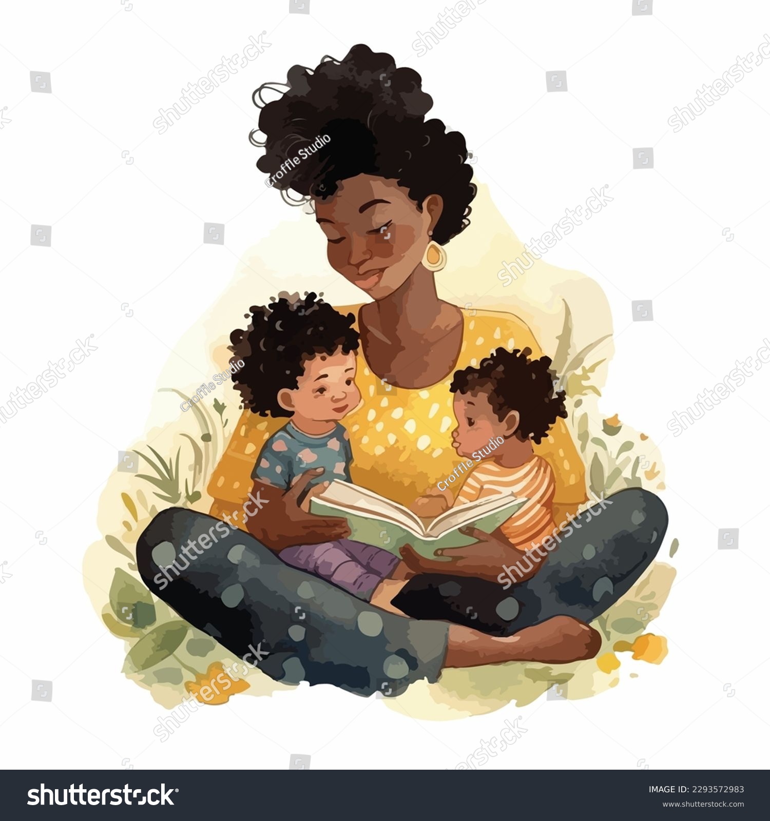 SVG of Black mother reads storybook for daughter and son in watercolor illustration svg
