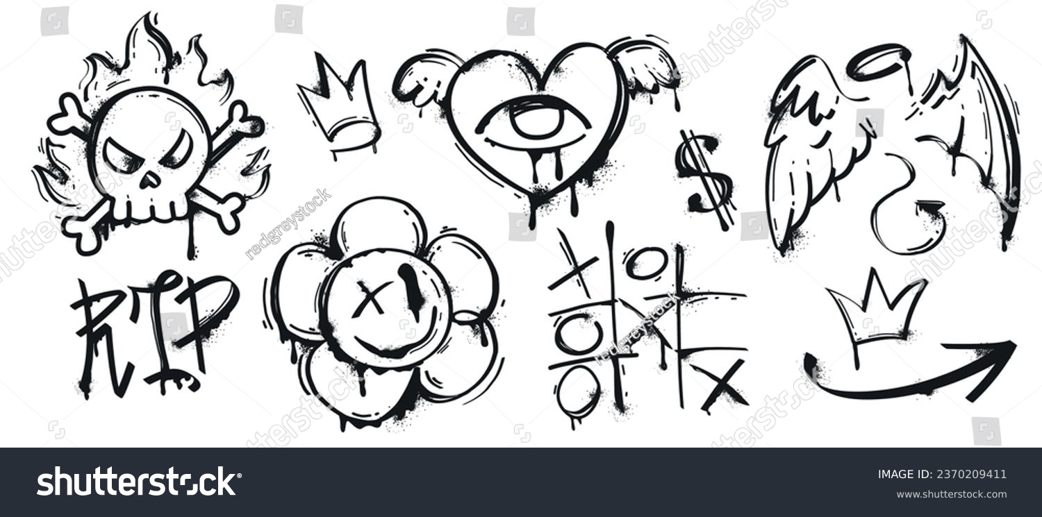 SVG of Black paint spray graffiti with splatter and ink drips. Street art set of angel wings, heart, arrow, tic tac toe and skull sticker in hand drawn. Painted urban elements isolated on white background. svg