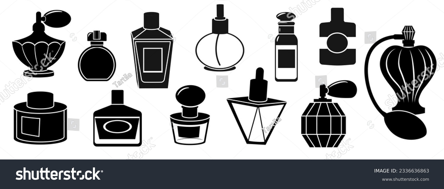 SVG of Black perfume bottles. Abstract elegant male cologne bottles, luxury female fragrance sprayer. Vector cologne set of silhouette black perfume bottle illustration svg