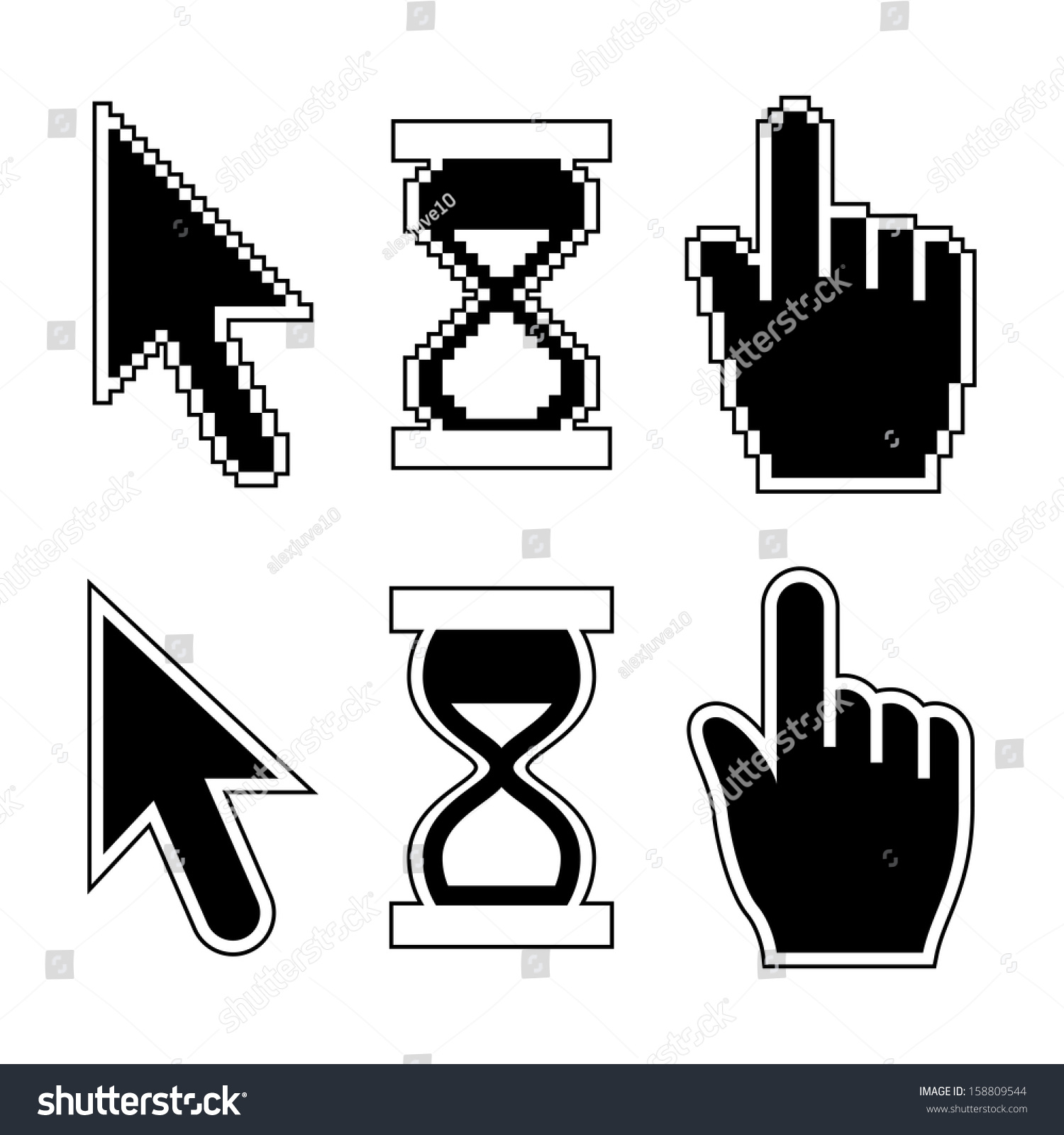 Black Pixel Cursors Hand Arrow Hourglass Vetor Stock Livre De Direitos 158809544 Shutterstock 9682