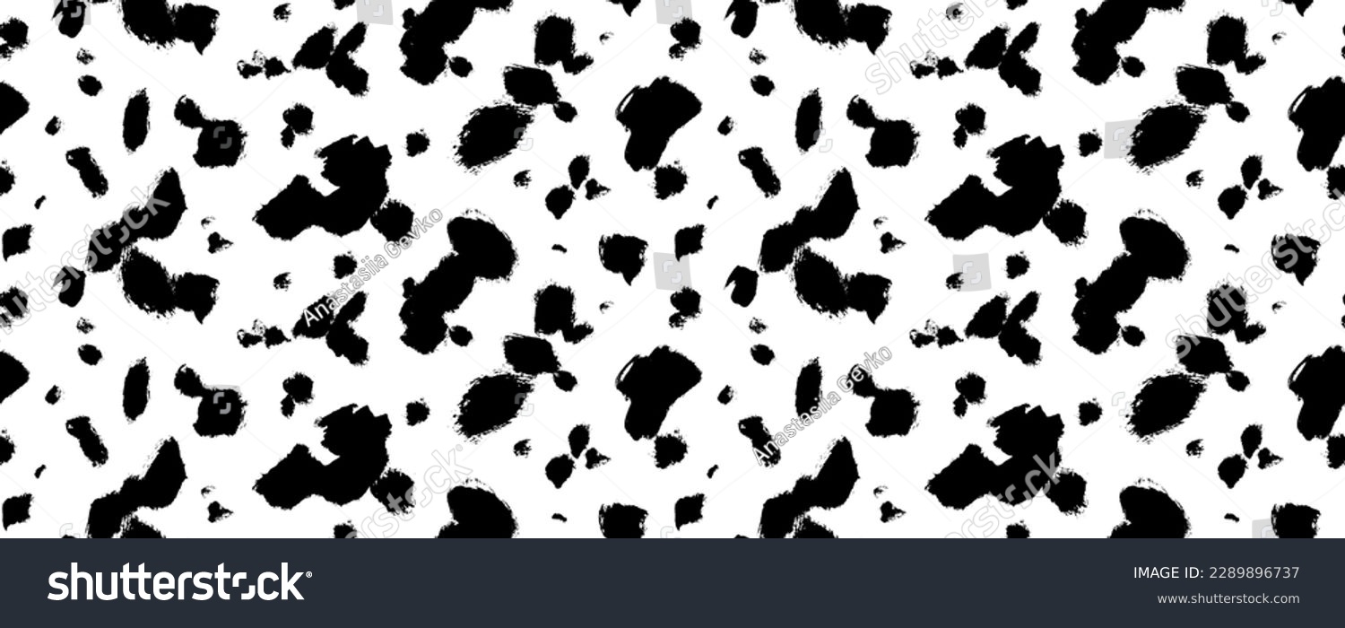 SVG of Black random spots vector seamless pattern. Brush irregular black smears, seamless horizontal banner. Spotted cow or dalmatian skin ornament. Irregular abstract texture with hand drawn spots svg