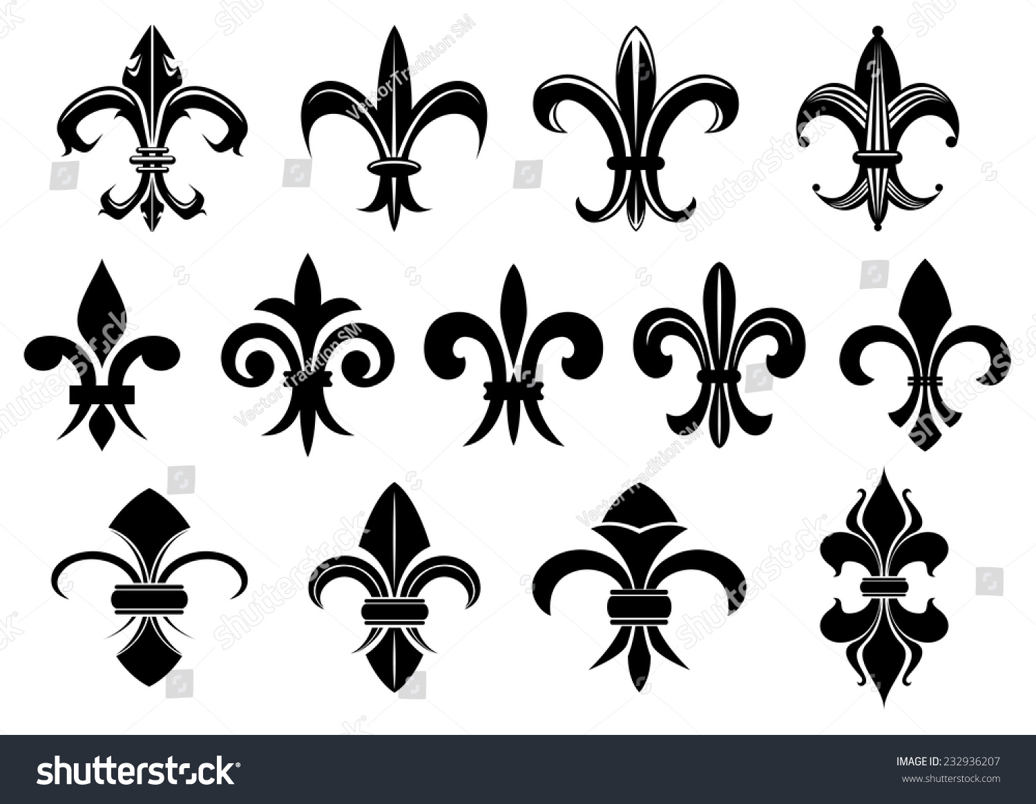 Black Royal Fleur De Lis Flowers Set Isolated On White Background For ...