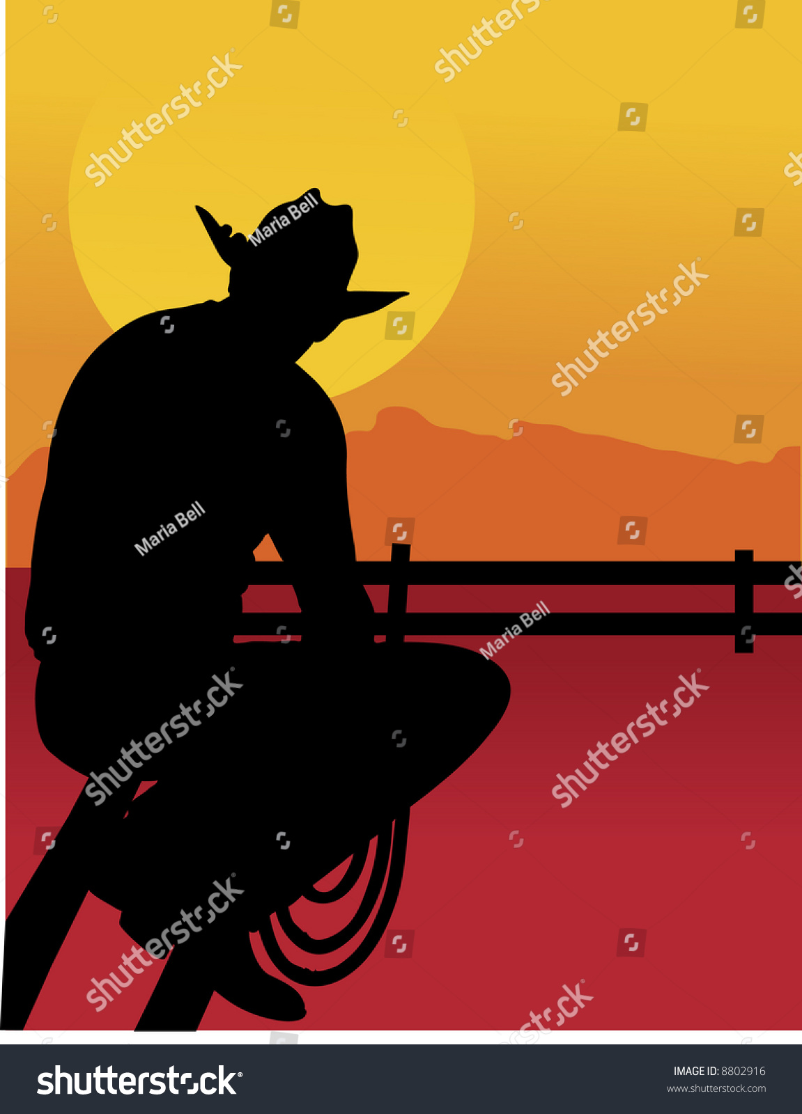Black Silhouette Of A Cowboy Sitting On A Fence Looking At The Sunset ...