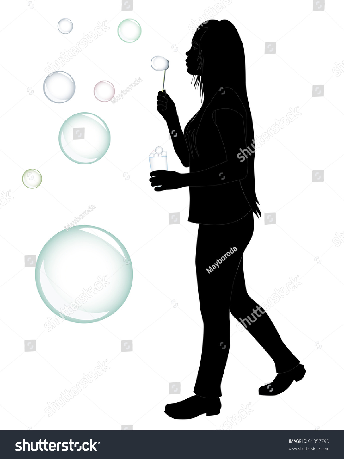 Black Silhouette Girl Who Blow Bubbles Stock Vector (Royalty Free) 91057790