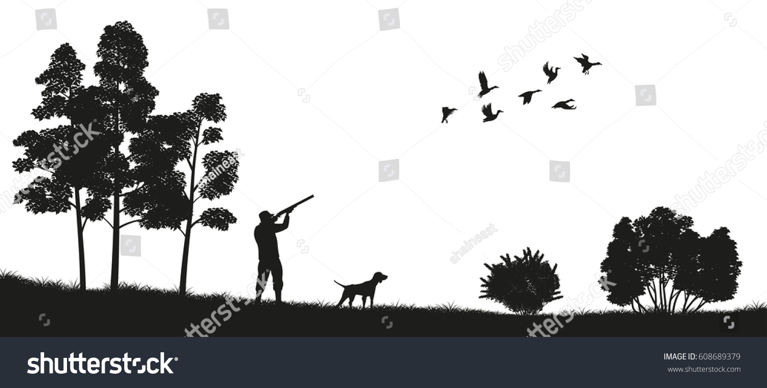 森の中に犬を連れた狩人の黒いシルエット アヒル狩り 自然の風景 ベクターイラスト のベクター画像素材 ロイヤリティフリー