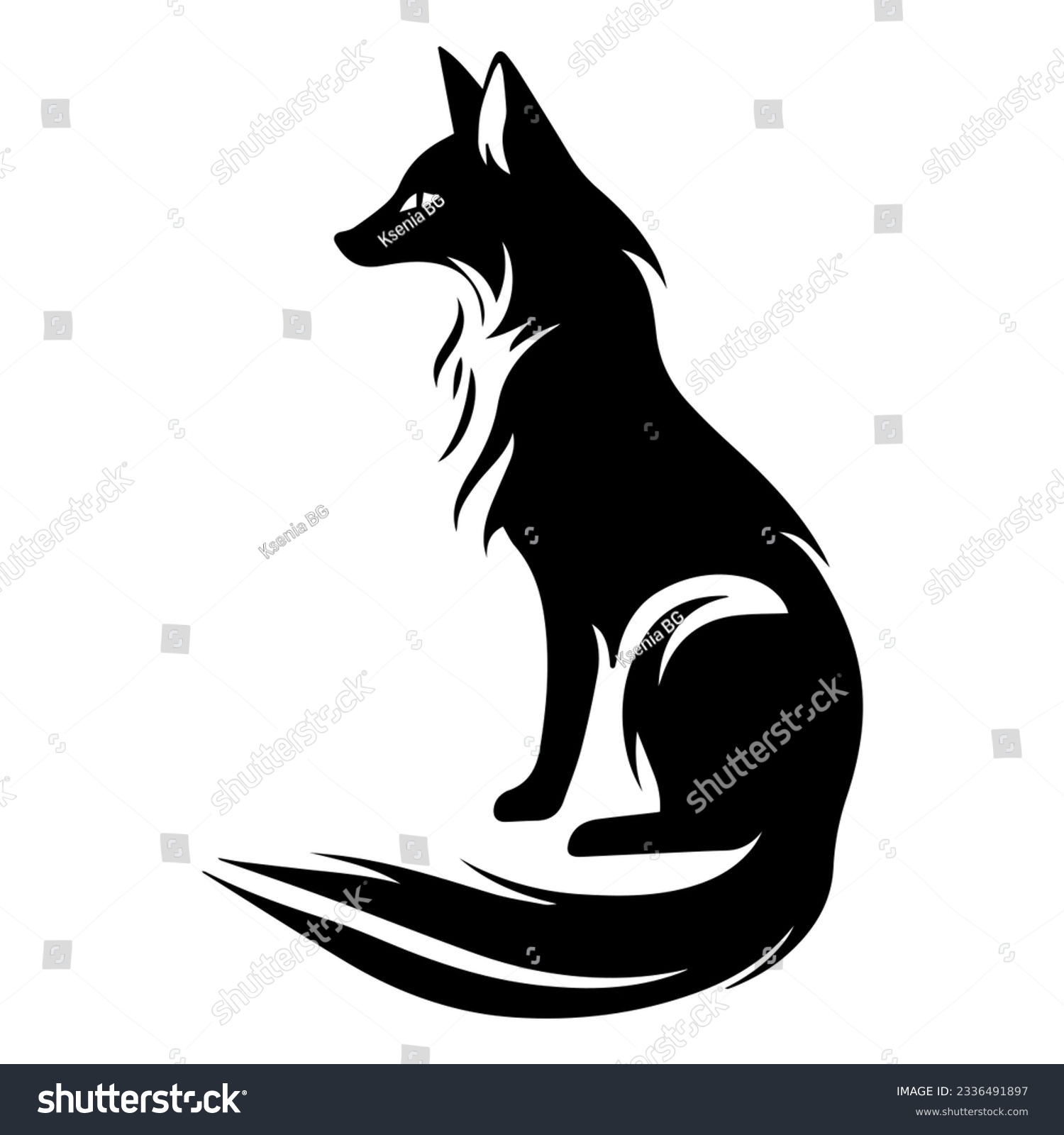 SVG of Black silhouette of a sitting fox. Wild animal with tail for tattoo or logo design svg