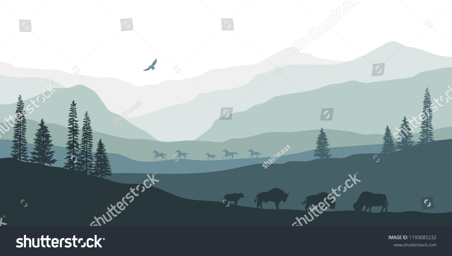 山水の黒いシルエット アメリカのバイソン 森の動物の自然なパノラマ 西の風景 野生生物のシーン ベクターイラスト のベクター画像素材 ロイヤリティフリー