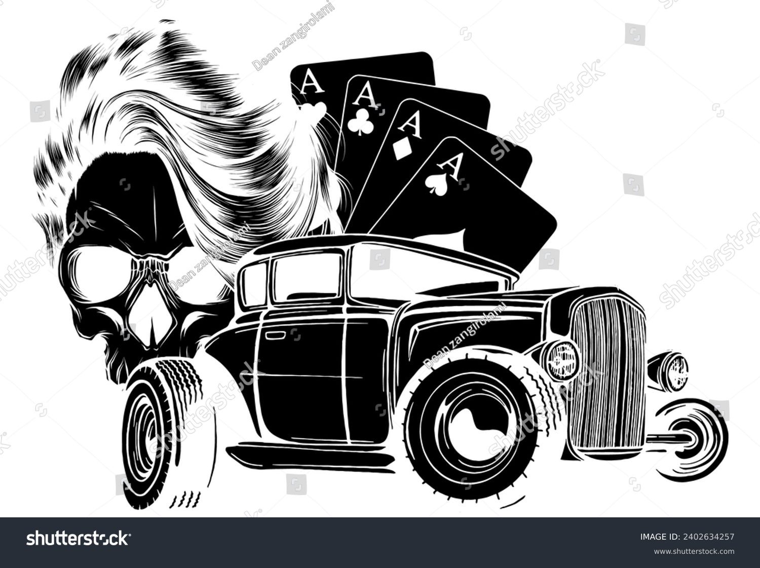SVG of black silhouette of skull with hot rod and poker aces on white background svg