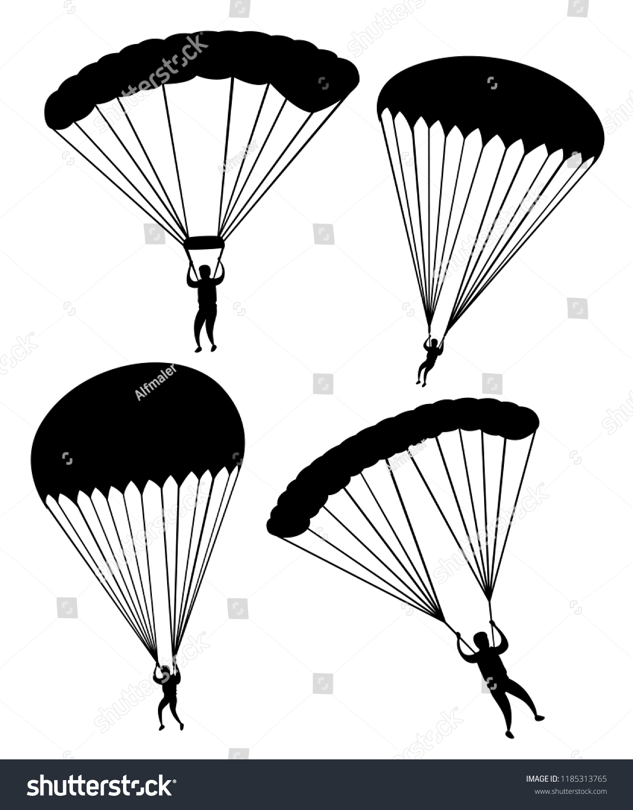 Black Silhouette Parachutist Flight Set Skydivers Stock Vector (Royalty ...