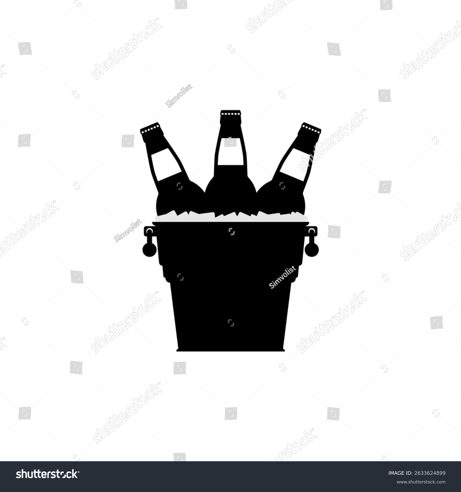 recommend clip art: Black silhouettes of beer bottles in a metal bucket with handles and ice cubes on a white background. Isolated vector icon and logo, flat illustration.