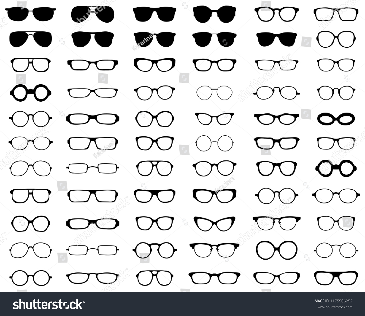 Black Silhouettes Different Eyeglasses On White Vector De Stock Libre De Regalías 1175506252 7906