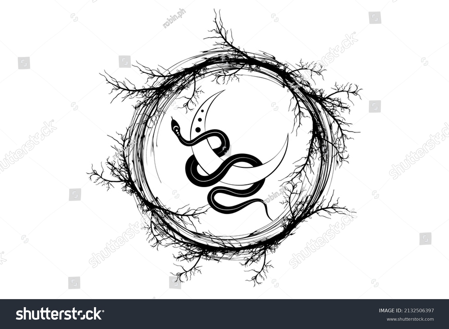 SVG of Black Snake on Magic mystic Crescent Moon in wreath of branches. Sacred geometry, celestial pagan Wiccan goddess symbol. sign, tattoo, energy circle, boho style, vector isolated on white background svg