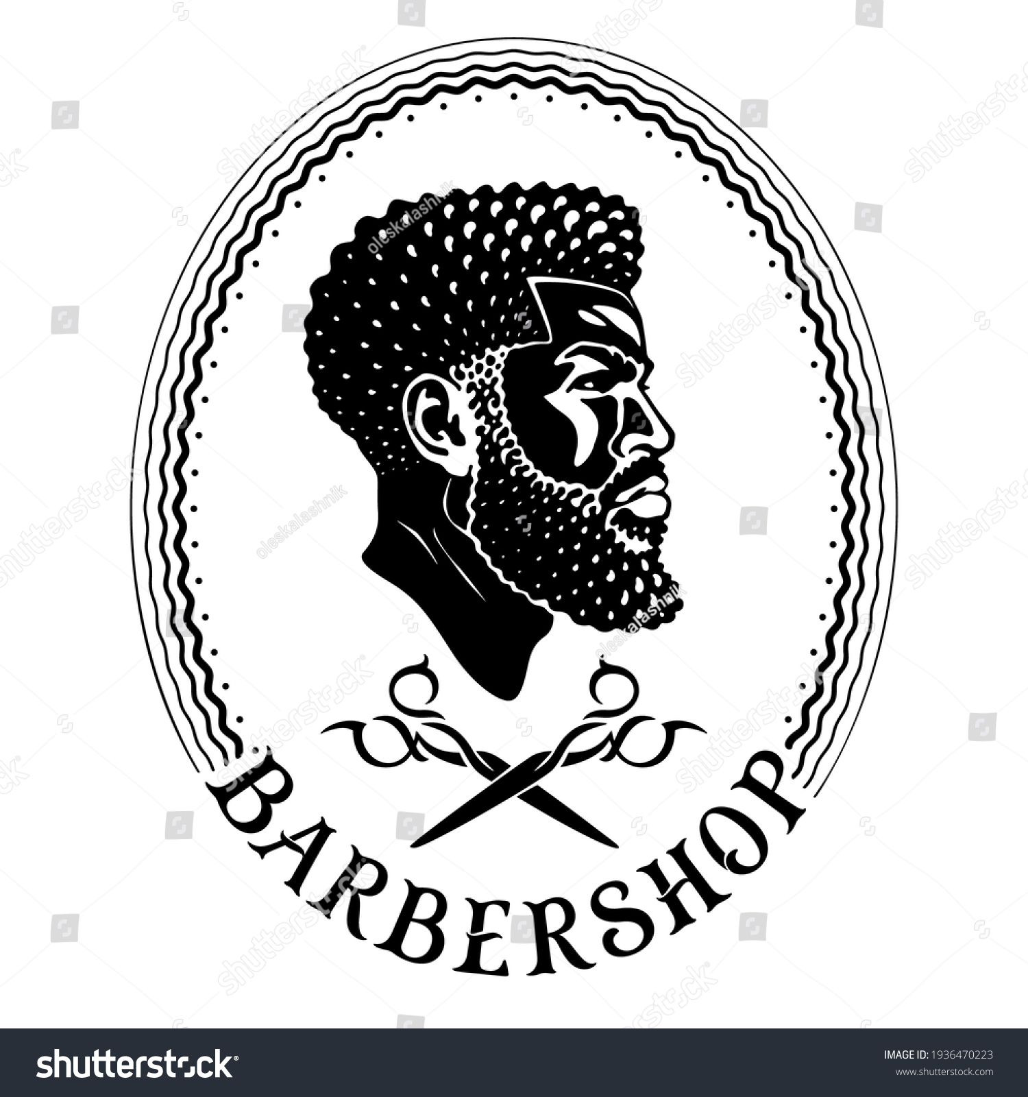 SVG of Black style barbershop. Logo design for Afro American barber. Profile of a cool black man with a taper fade haircut and long beard. Head and crossed scissors in the oval frame. Original vintage font. svg