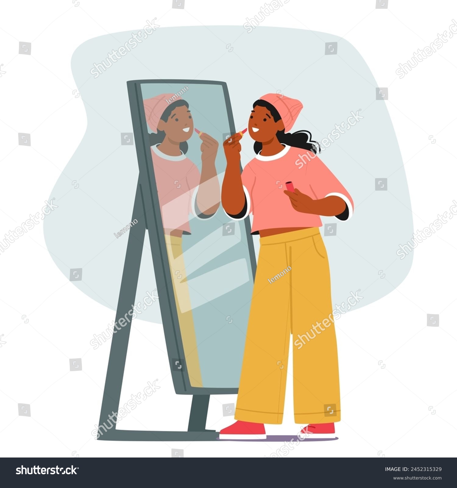 SVG of Black Teenage Girl Character Stands Before Her Mirror, Carefully Applying Lipstick, Her Reflection Illuminated By Soft Light, Focusing On Perfecting Her Pout. Cartoon People Vector Illustration svg