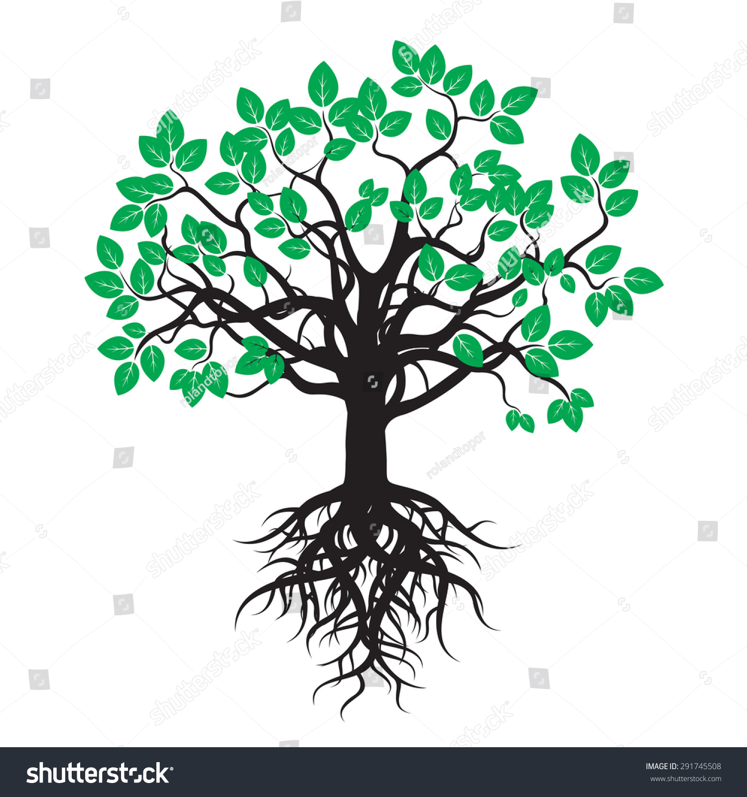 Black Tree Green Leafs Rootsvector Illustration Stock Vector (Royalty ...