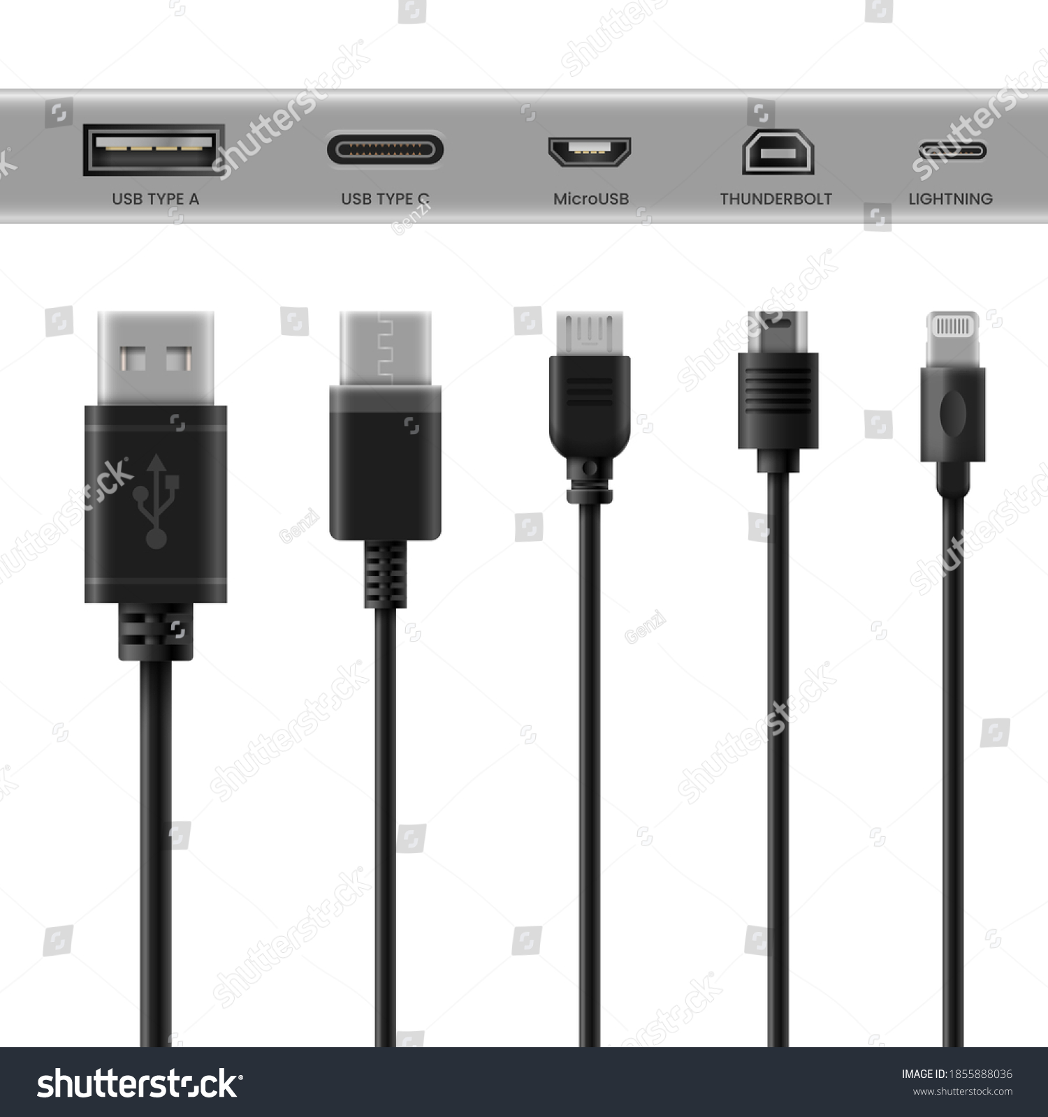 Black Usb Cable Adapters On White Stock Vector (Royalty Free) 1855888036