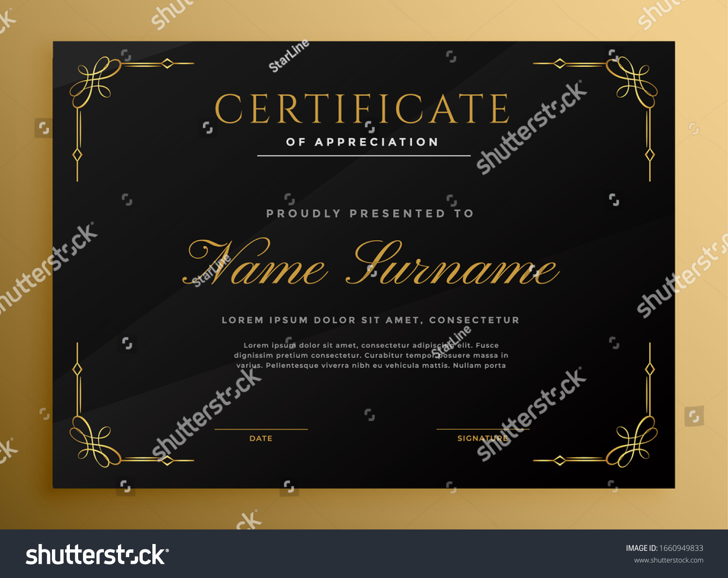 Vektor Stok Black Vintage Style Certificate Template Golden Tanpa Royalti